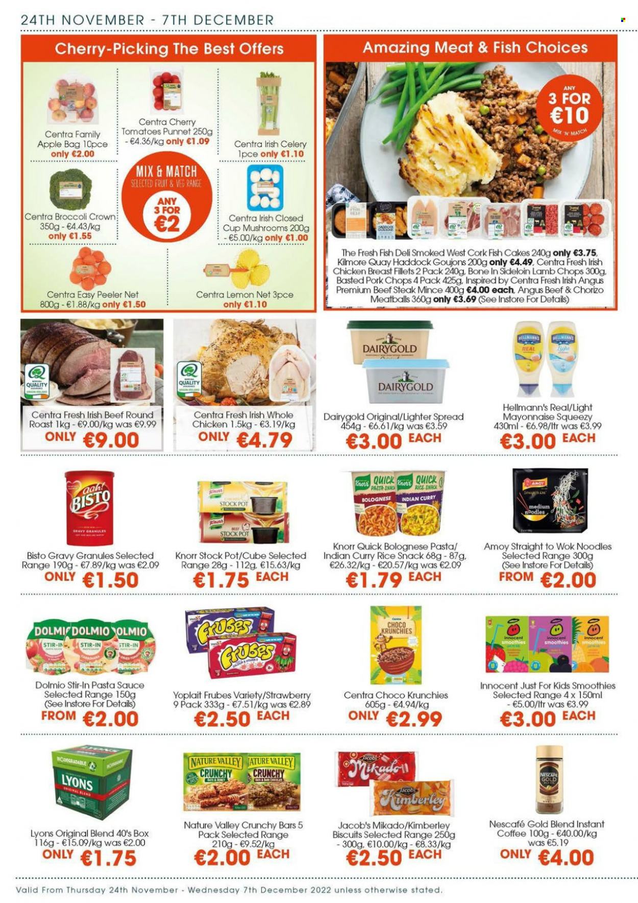 thumbnail - Centra offer  - 24.11.2022 - 07.12.2022 - Sales products - broccoli, celery, tomatoes, haddock, fish, pasta sauce, meatballs, Knorr, sauce, noodles, Frubes Variety, Yoplait, mayonnaise, Hellmann’s, fish cake, snack, biscuit, Nature Valley, rice, stockpot, smoothie, Lyons, instant coffee, Nescafé, whole chicken, chicken breasts, beef meat, beef steak, steak, round roast, pork chops, pork meat, lamb chops, lamb meat, Just For Kids, bag, pot, wok, peeler. Page 2.
