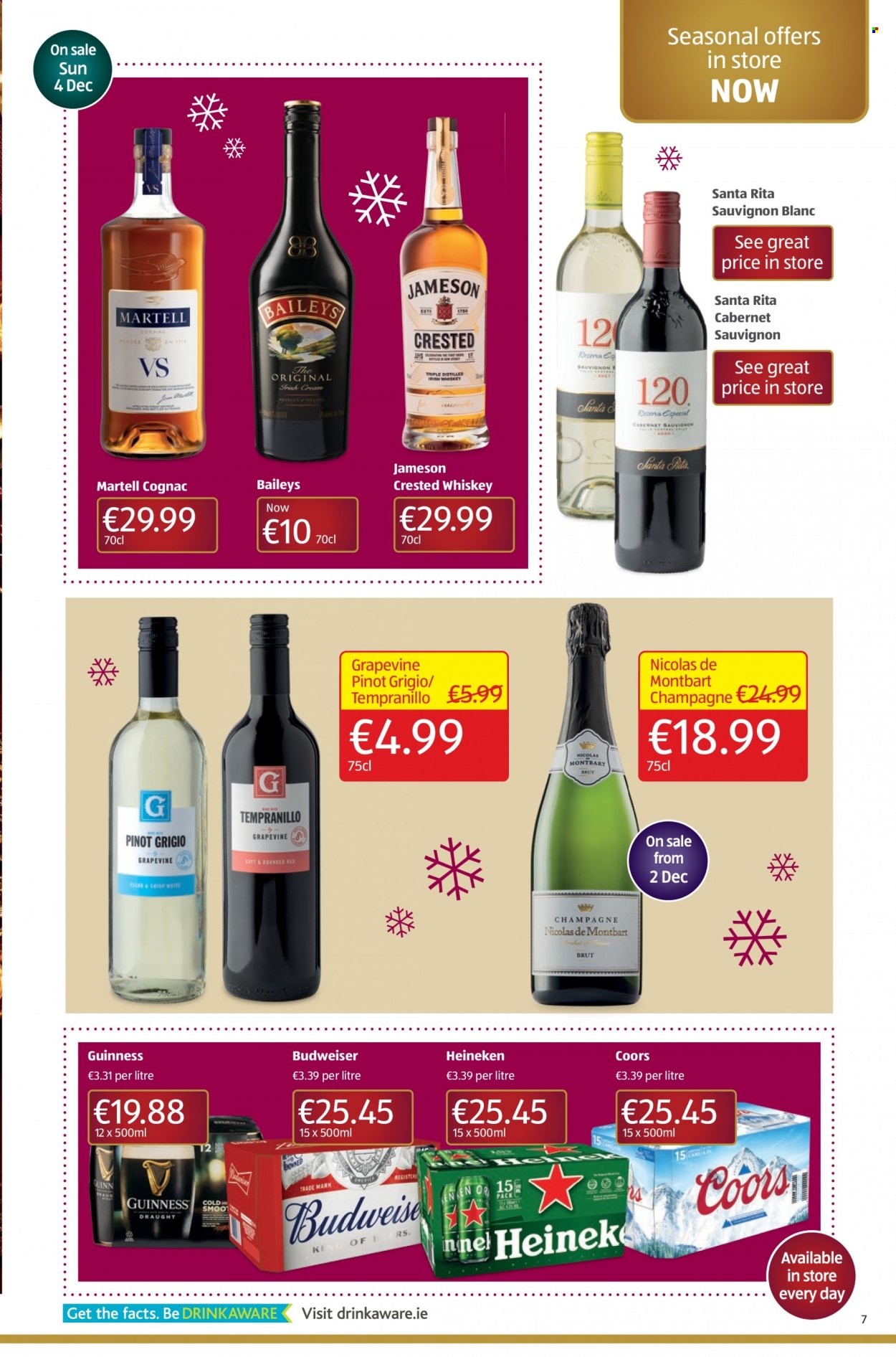 thumbnail - Aldi offer  - 01.12.2022 - 07.12.2022 - Sales products - Cabernet Sauvignon, red wine, white wine, champagne, wine, Tempranillo, Pinot Grigio, Sauvignon Blanc, cognac, whiskey, irish whiskey, Jameson, Baileys, whisky, beer, Heineken, Guinness, jeans, Budweiser, Coors. Page 7.