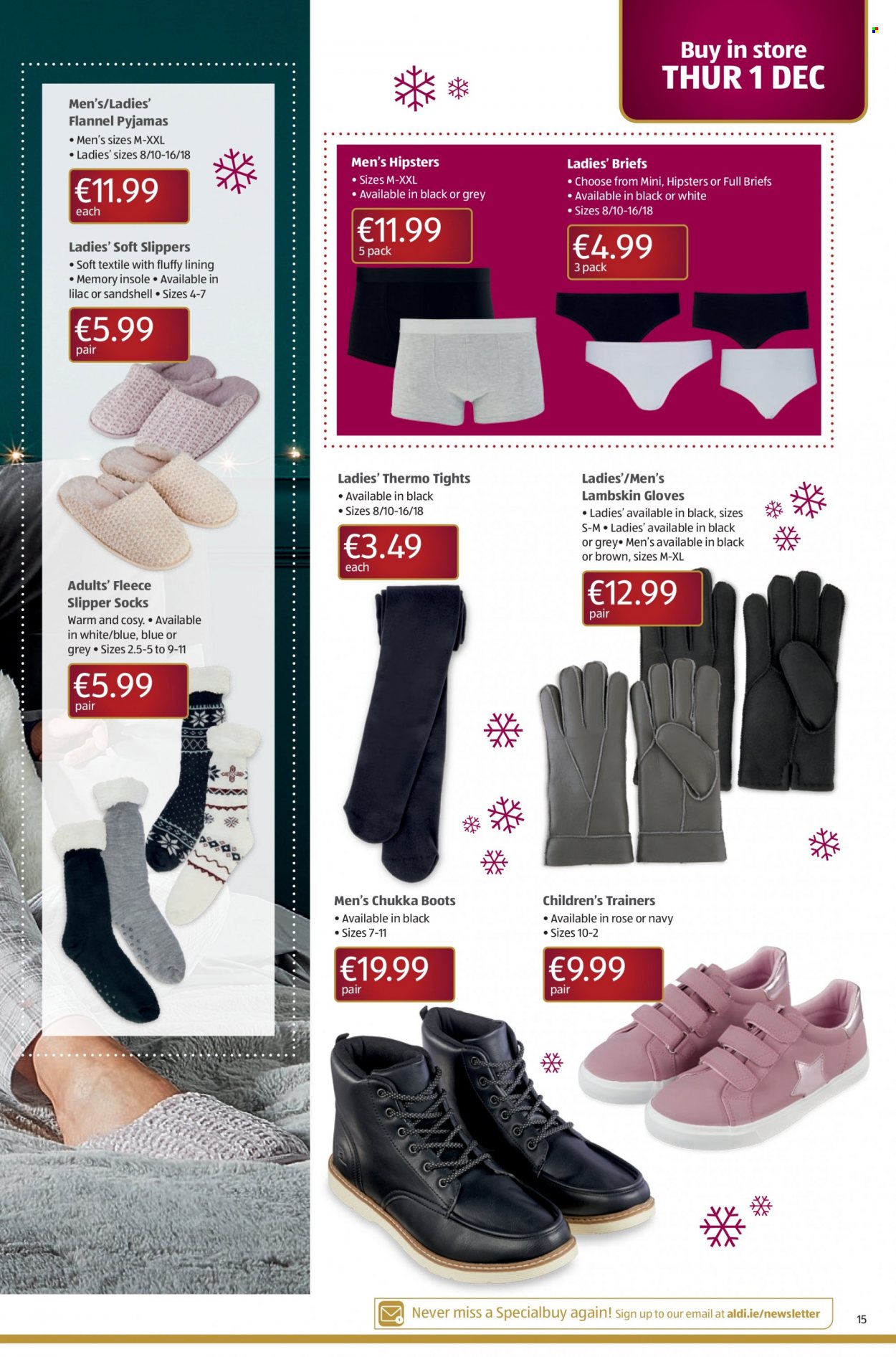 thumbnail - Aldi offer  - 01.12.2022 - 07.12.2022 - Sales products - boots, slippers, trainers, wine, rosé wine, gloves, socks, tights, pajamas, briefs, rose. Page 15.