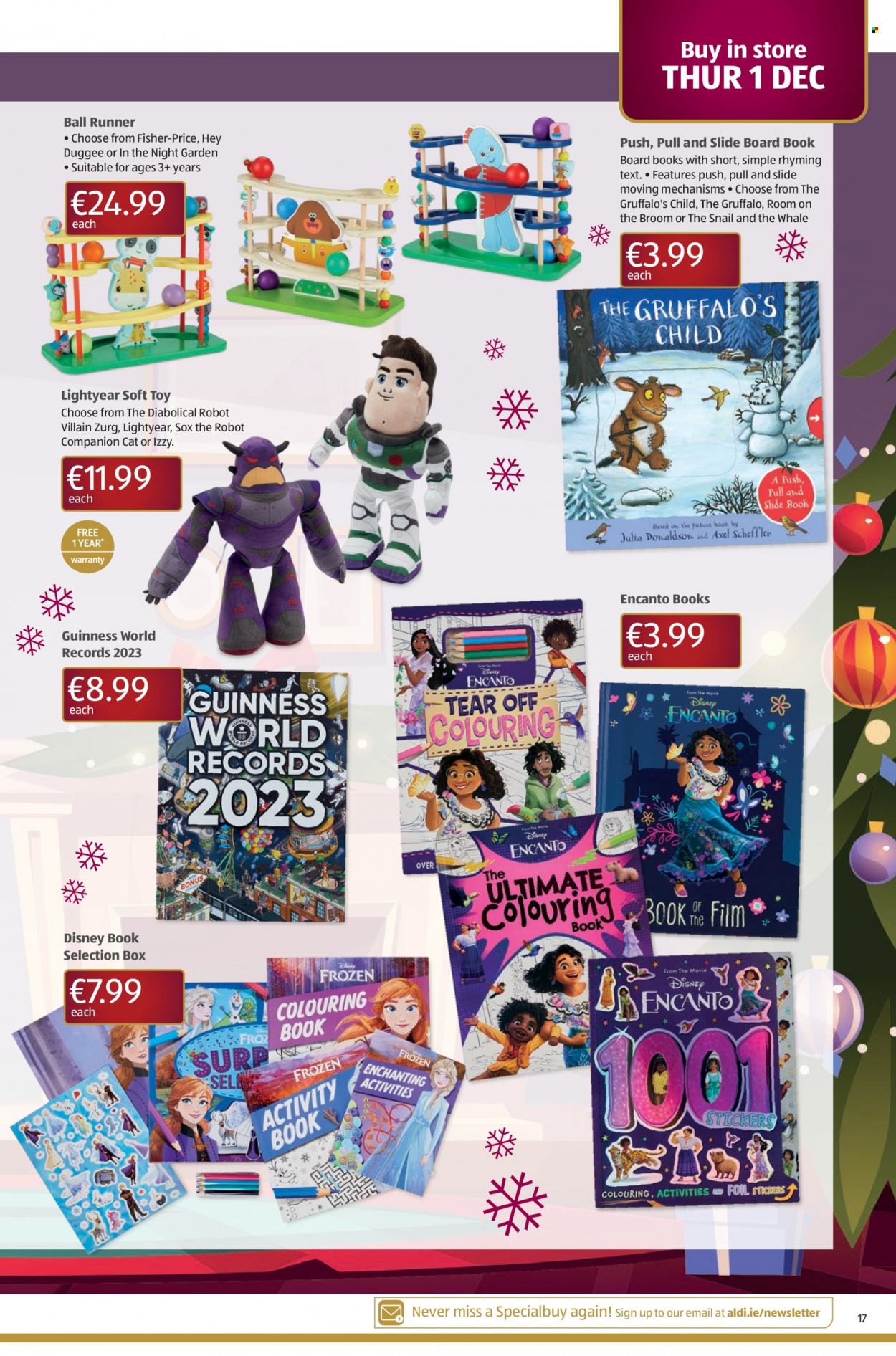 thumbnail - Aldi offer  - 01.12.2022 - 07.12.2022 - Sales products - Disney, Guinness, broom, sticker, drawing book, book, children's book, robot, toys, Fisher-Price. Page 17.