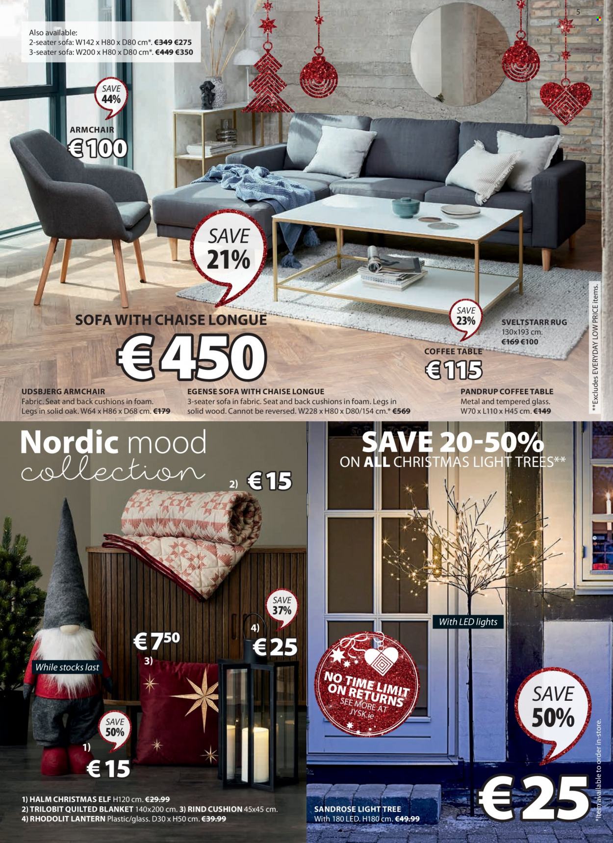 thumbnail - JYSK offer  - 28.11.2022 - 07.12.2022 - Sales products - table, arm chair, sofa, sofa with chaise longue, chaise longue, coffee table, cushion, Elf, lantern, blanket, LED light, christmas lights, rug. Page 6.