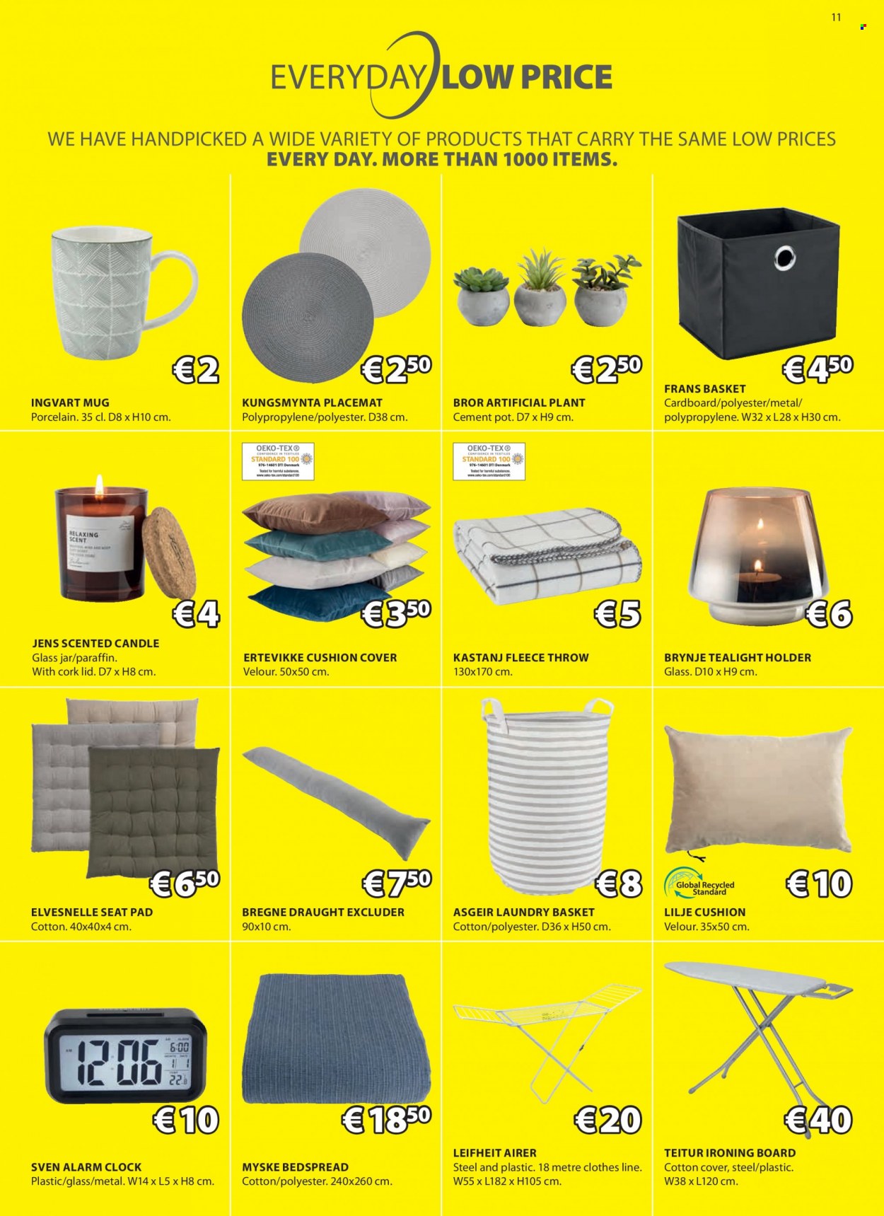 thumbnail - JYSK offer  - 28.11.2022 - 07.12.2022 - Sales products - cushion, tealight holder, placemat, artificial plant, basket, clock, holder, alarm clock, excluder, ironing board, airer, lid, mug, pot, jar, candle, tealight, bedspread, fleece throw. Page 12.