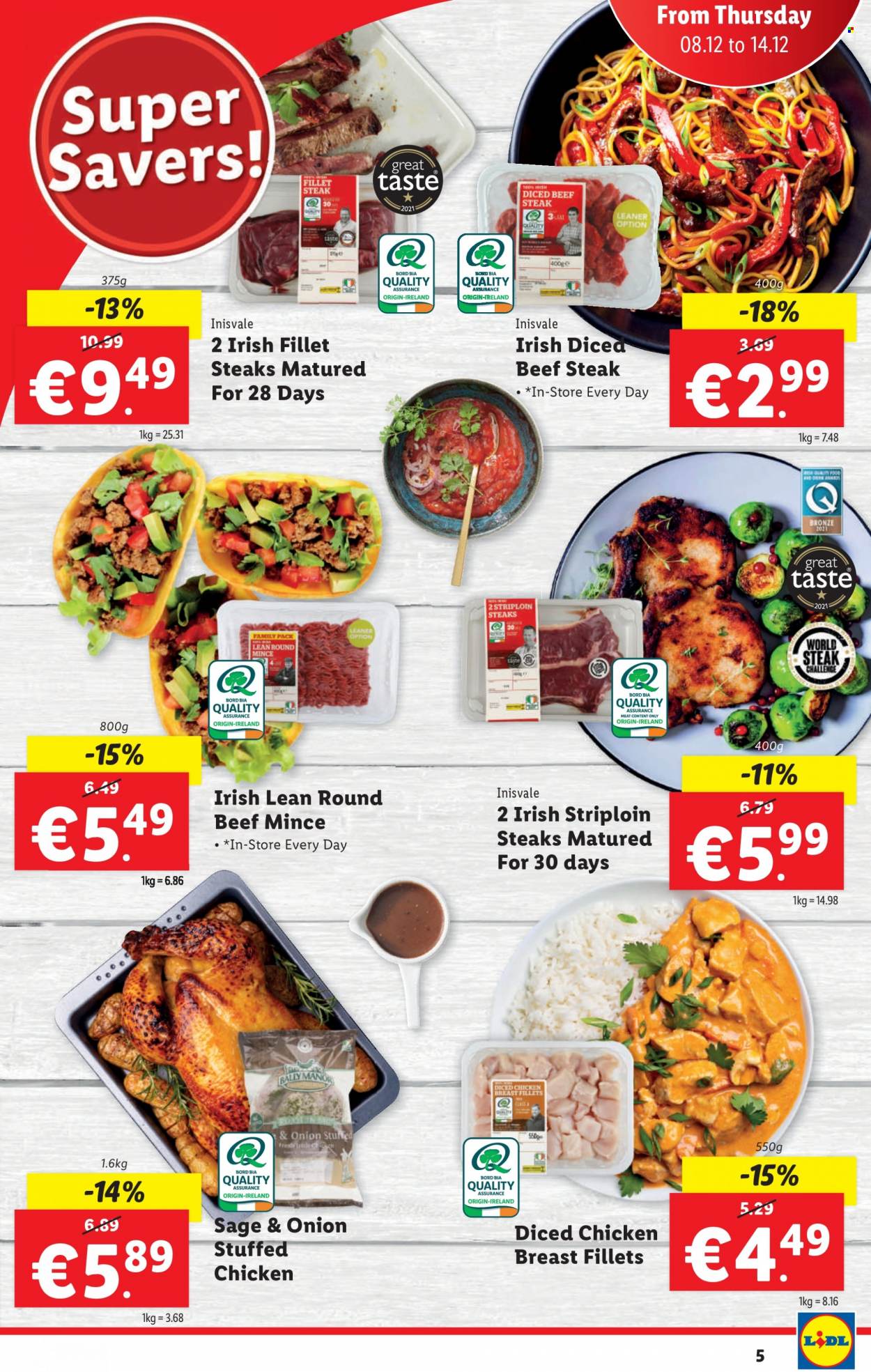 thumbnail - Lidl offer  - 08.12.2022 - 14.12.2022 - Sales products - stuffed chicken, chicken breasts, beef meat, beef steak, ground beef, steak, diced beef, striploin steak. Page 5.