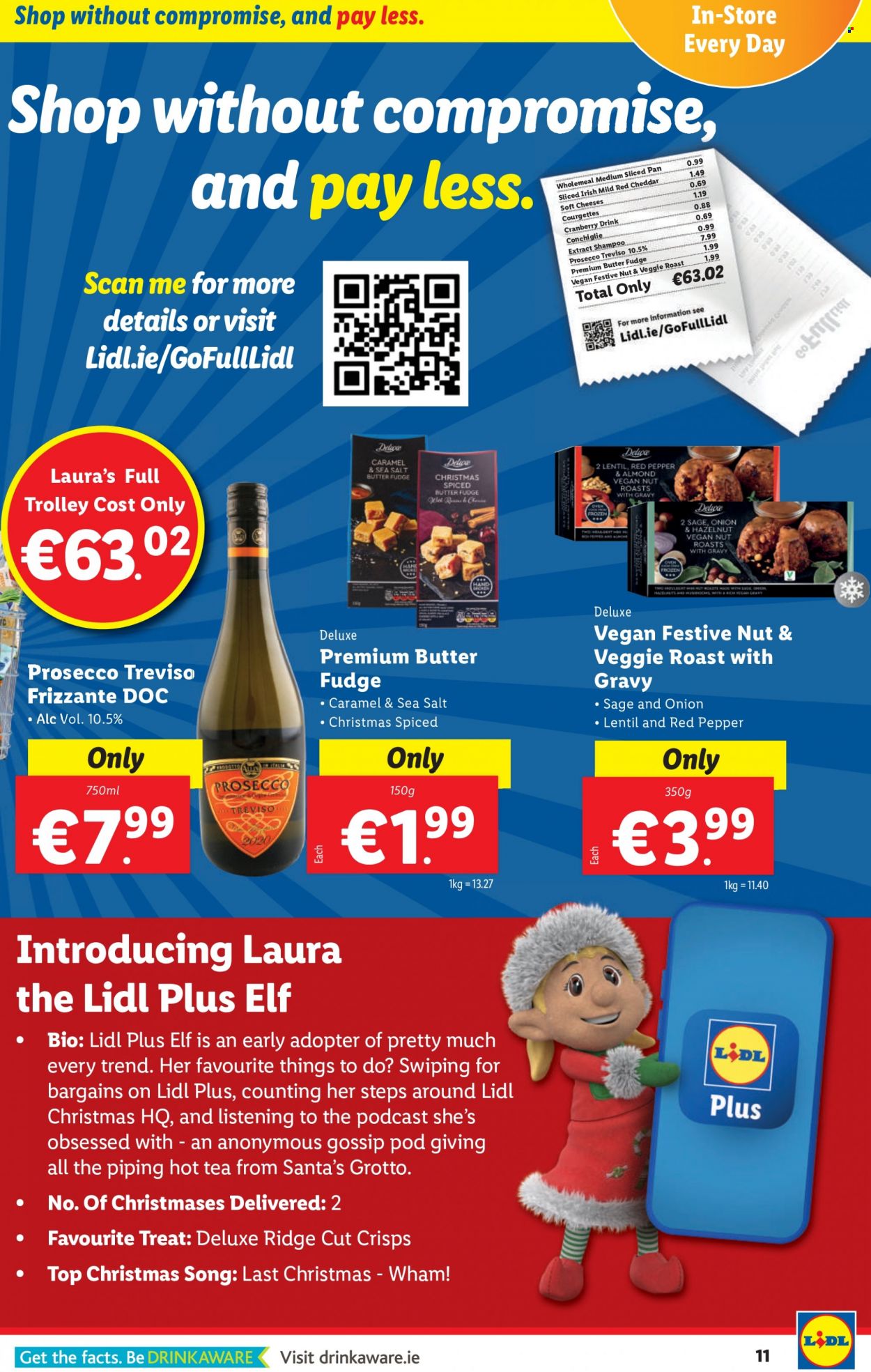 thumbnail - Lidl offer  - 08.12.2022 - 14.12.2022 - Sales products - trolley, Elf, cheddar, cheese, butter, fudge, Santa, caramel, tea, prosecco, shampoo, pan, oven. Page 11.