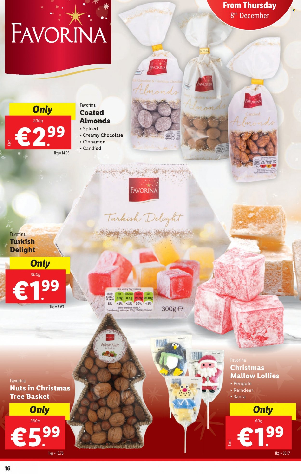 thumbnail - Lidl offer  - 08.12.2022 - 14.12.2022 - Sales products - reindeer, christmas tree, milk, chocolate, Santa, salt, cinnamon, almonds, mixed nuts, basket, penguin. Page 16.