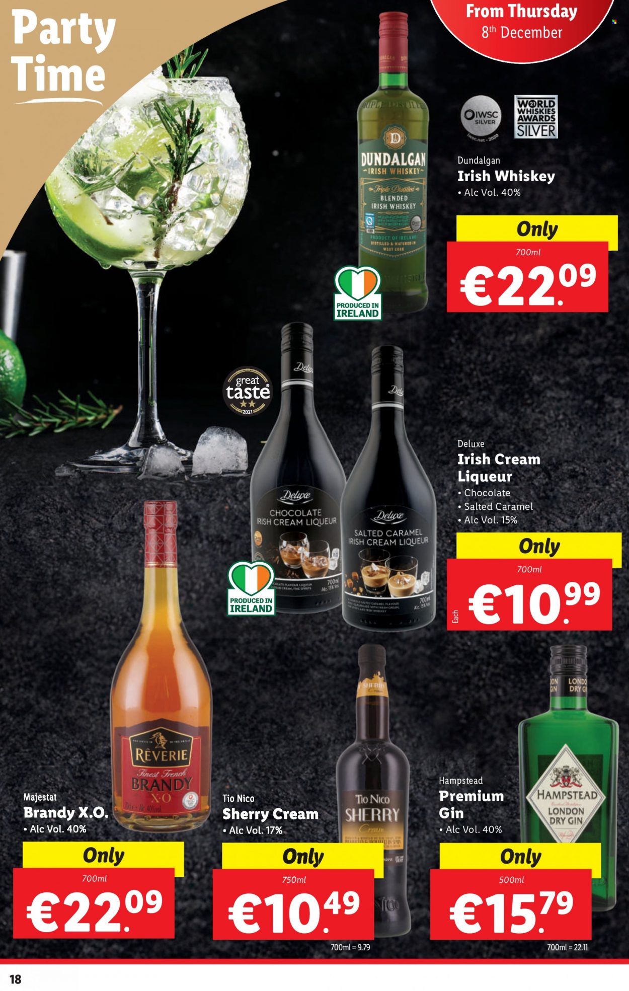 thumbnail - Lidl offer  - 08.12.2022 - 14.12.2022 - Sales products - chocolate, brandy, gin, liqueur, sherry, whiskey, irish cream, irish whiskey, whisky. Page 18.