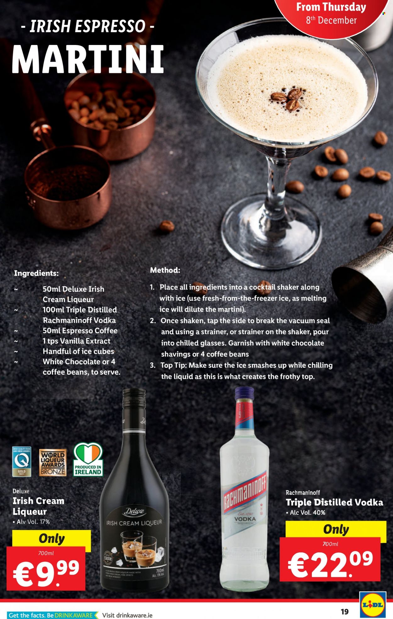 thumbnail - Lidl offer  - 08.12.2022 - 14.12.2022 - Sales products - ice cubes, Dove, white chocolate, chocolate, vanilla extract, coffee beans, liqueur, vodka, irish cream, Martini, shaker, freezer. Page 19.