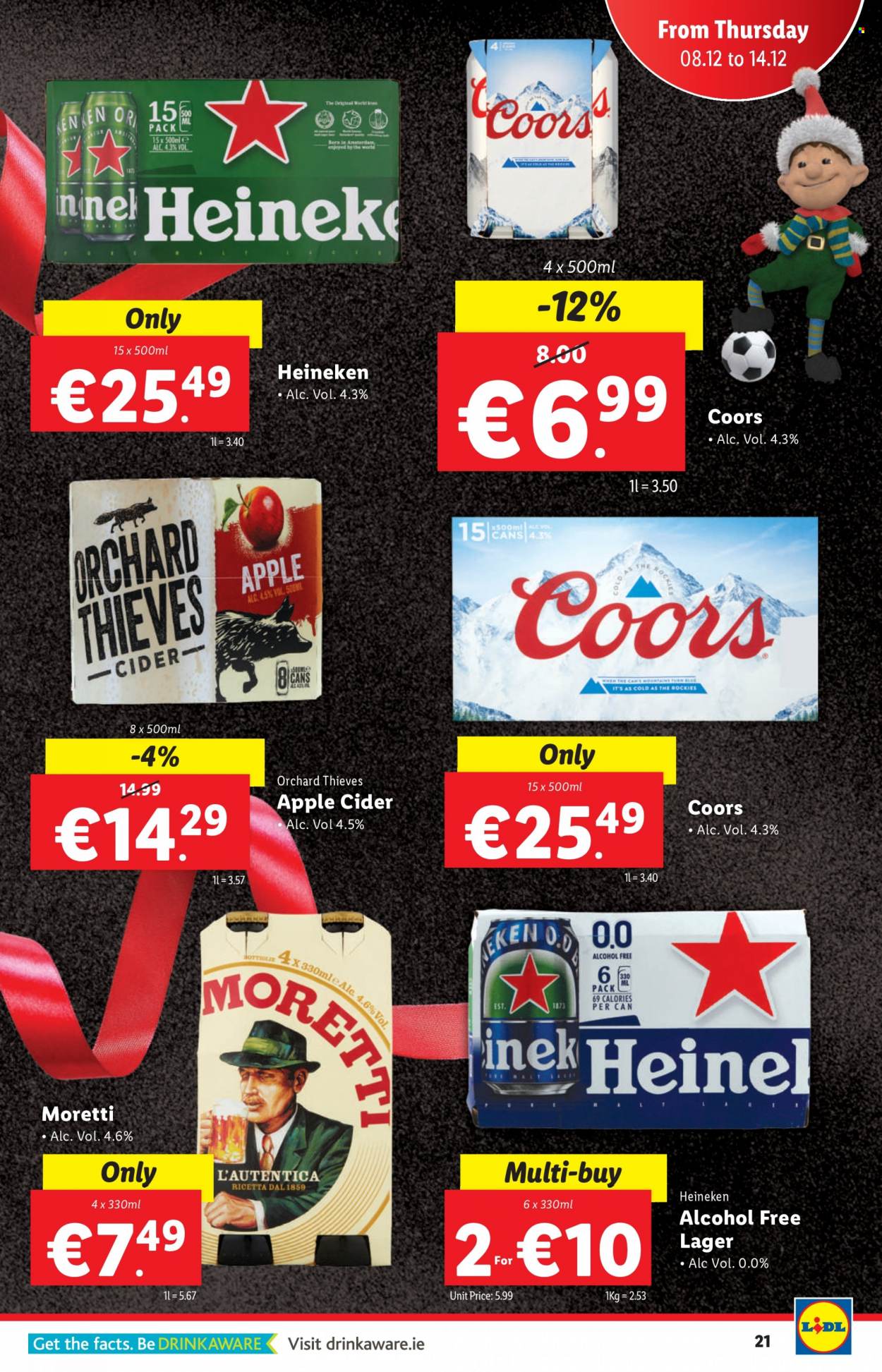 thumbnail - Lidl offer  - 08.12.2022 - 14.12.2022 - Sales products - apple cider, cider, beer, Heineken, Lager, belt, Coors. Page 21.