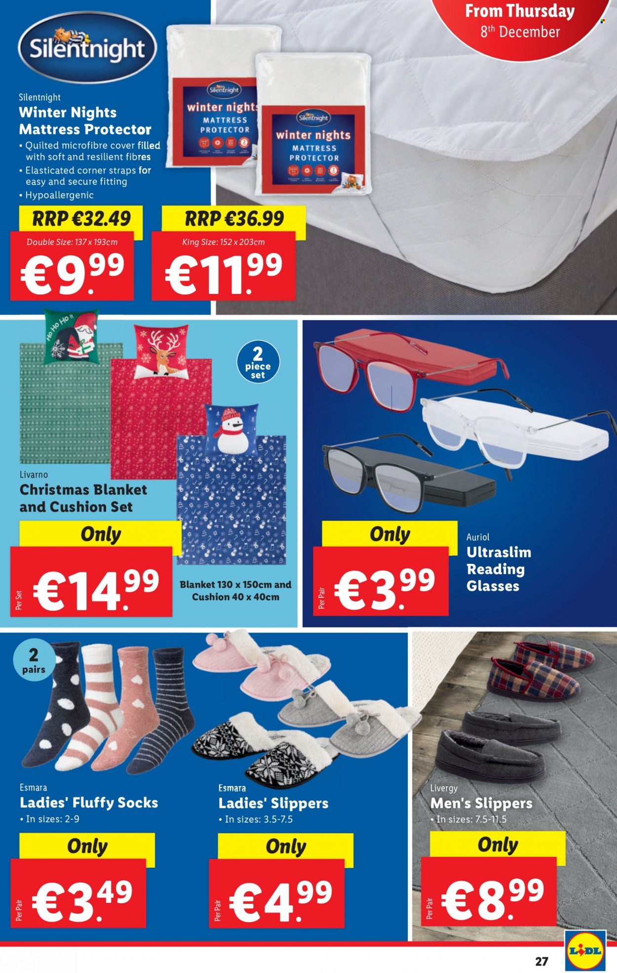 thumbnail - Lidl offer  - 08.12.2022 - 14.12.2022 - Sales products - mattress, mattress protector, cushion, slippers, Esmara, microfibre cover, socks. Page 27.