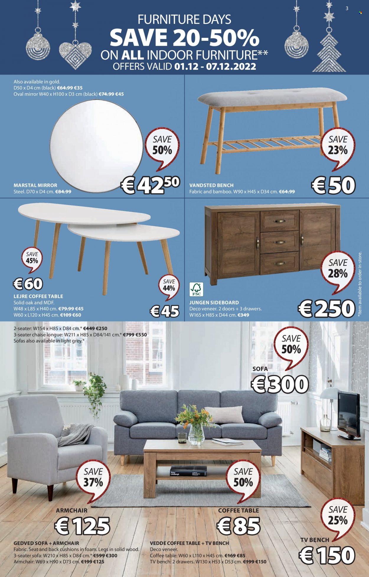 thumbnail - JYSK offer  - 01.12.2022 - 14.12.2022 - Sales products - table, bench, arm chair, sofa, chaise longue, coffee table, tv bench, sideboard, cushion, mirror. Page 3.