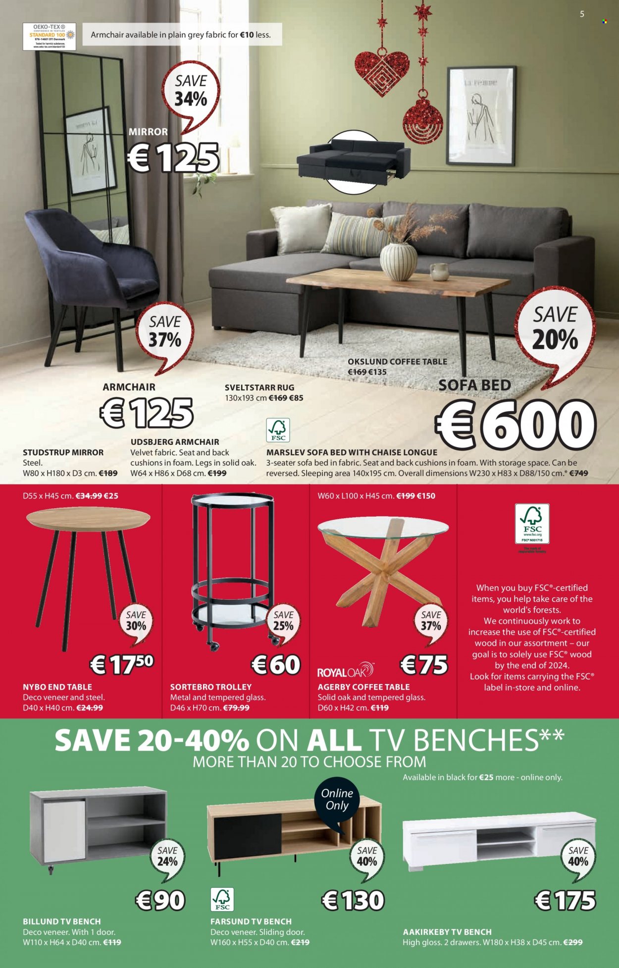 thumbnail - JYSK offer  - 01.12.2022 - 14.12.2022 - Sales products - trolley, bench, arm chair, sofa, sofa bed, chaise longue, coffee table, end table, tv bench, bed, sliding door, cushion, mirror, rug. Page 5.