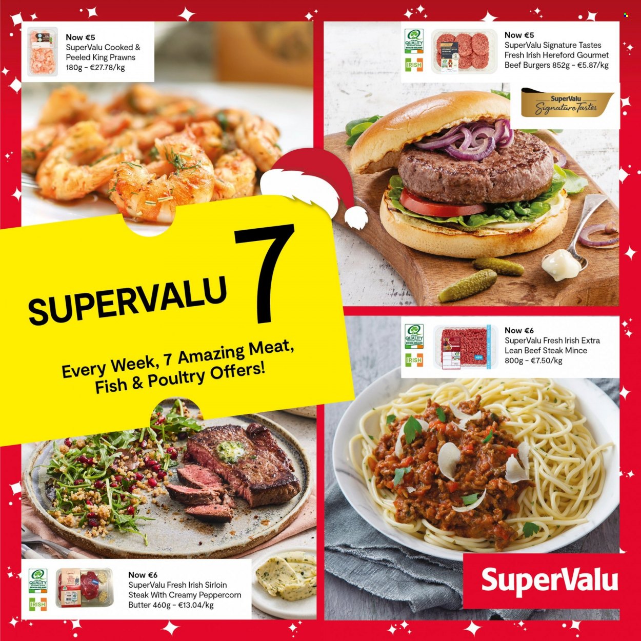 thumbnail - SuperValu offer  - Sales products - prawns, fish, hamburger, beef burger, butter, beef meat, beef sirloin, beef steak, steak, sirloin steak. Page 4.