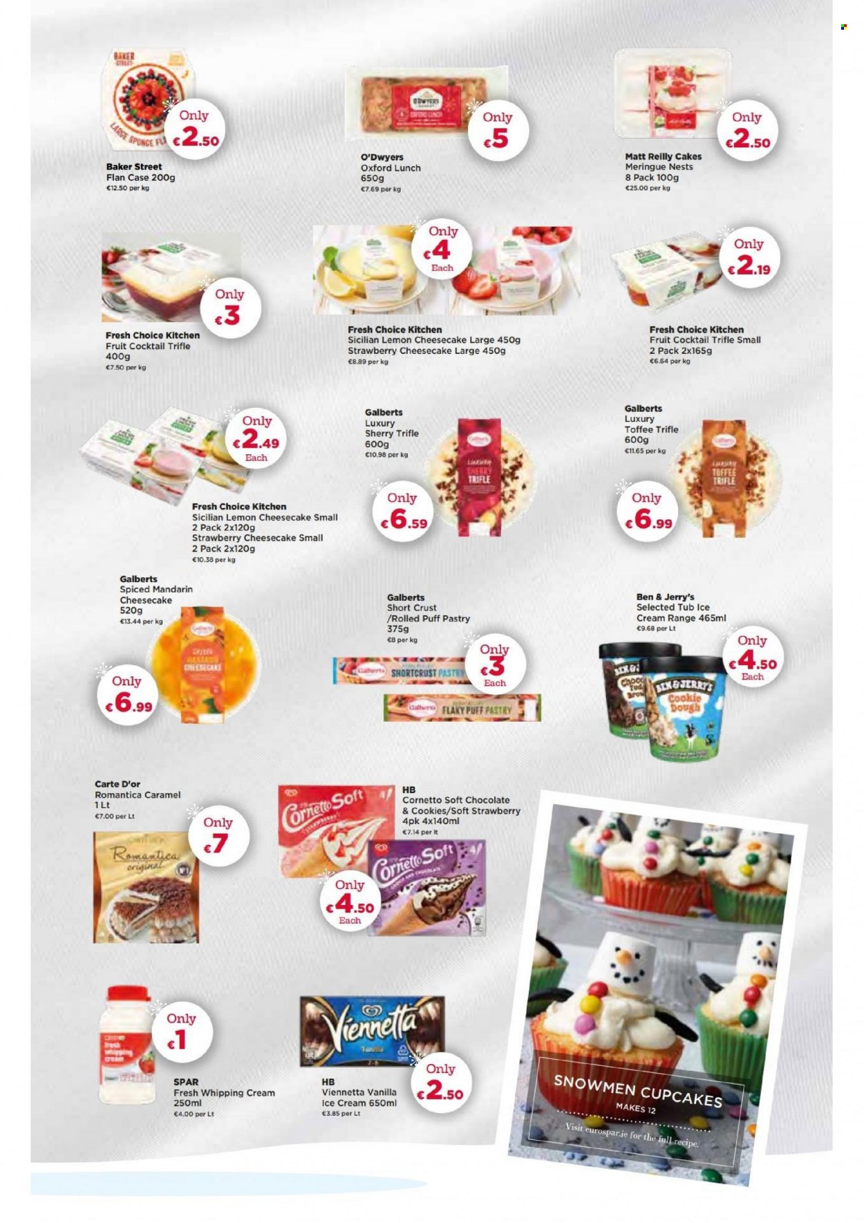 thumbnail - EUROSPAR offer  - 01.12.2022 - 28.12.2022 - Sales products - cake, cupcake, shortcrust pastry, O'Dwyers, mandarines, Fresh Choice Kitchen, whipping cream, puff pastry, ice cream, Cornetto, Ben & Jerry's, cookie dough, cookies, toffee, caramel, sherry, sponge. Page 13.