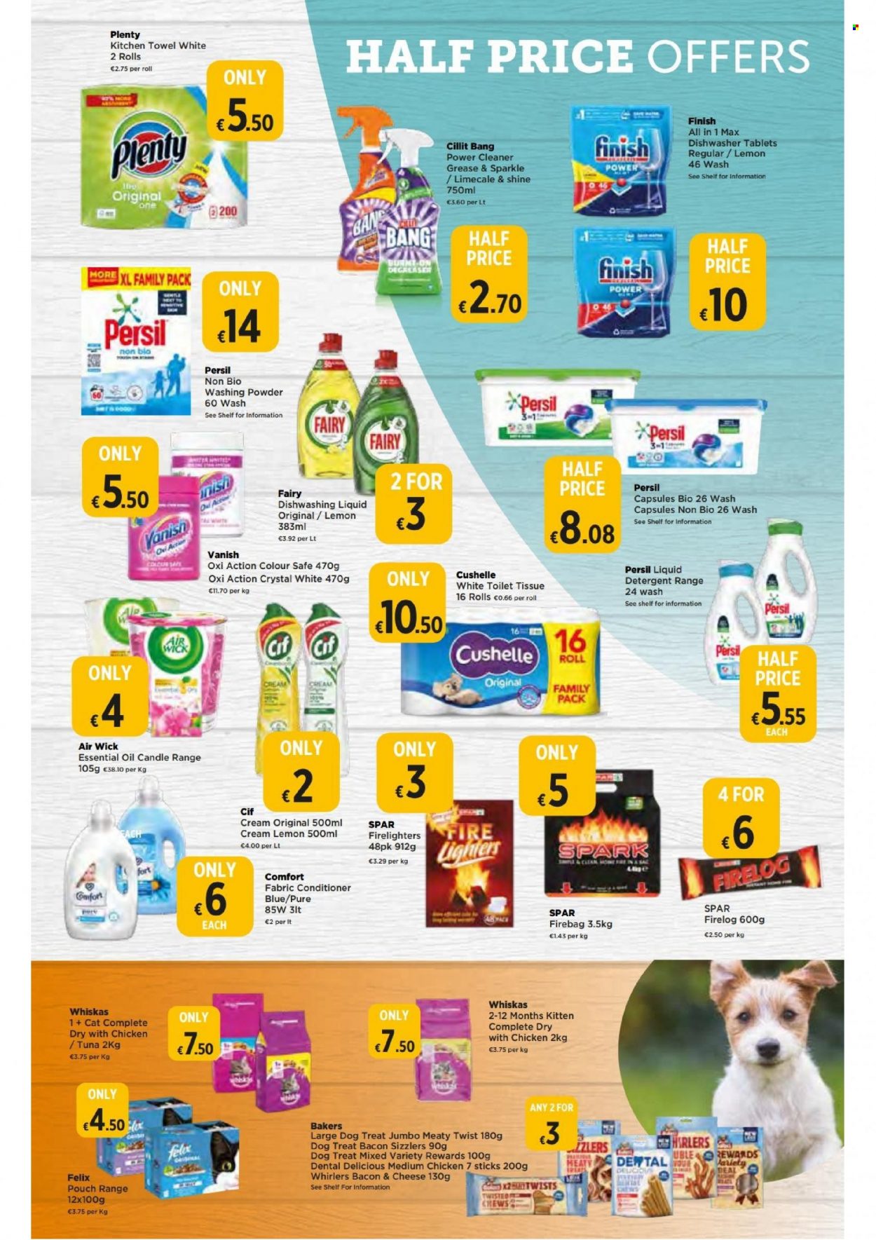 thumbnail - EUROSPAR offer  - 01.12.2022 - 28.12.2022 - Sales products - tuna, bacon, chewing gum, toilet paper, Plenty, kitchen towels, Cushelle, detergent, cleaner, Fairy, Cif, Vanish, Persil, liquid detergent, laundry powder, Comfort softener, dishwashing liquid, dishwasher cleaner, dishwasher tablets, firelighter, candle, Air Wick, Whiskas, Felix, Bakers. Page 19.