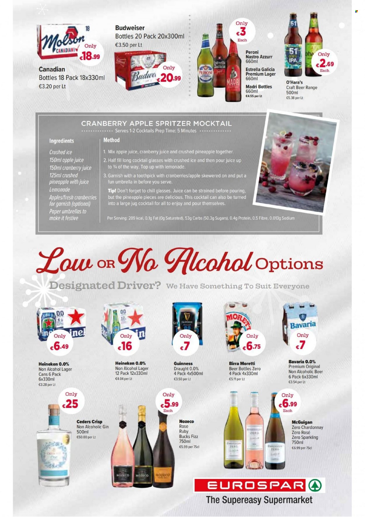 thumbnail - EUROSPAR offer  - 01.12.2022 - 28.12.2022 - Sales products - pineapple, cranberries, apple juice, cranberry juice, juice, Chardonnay, wine, alcohol, rosé wine, gin, beer, Heineken, Guinness, Peroni, Lager, IPA, paper, Budweiser. Page 23.