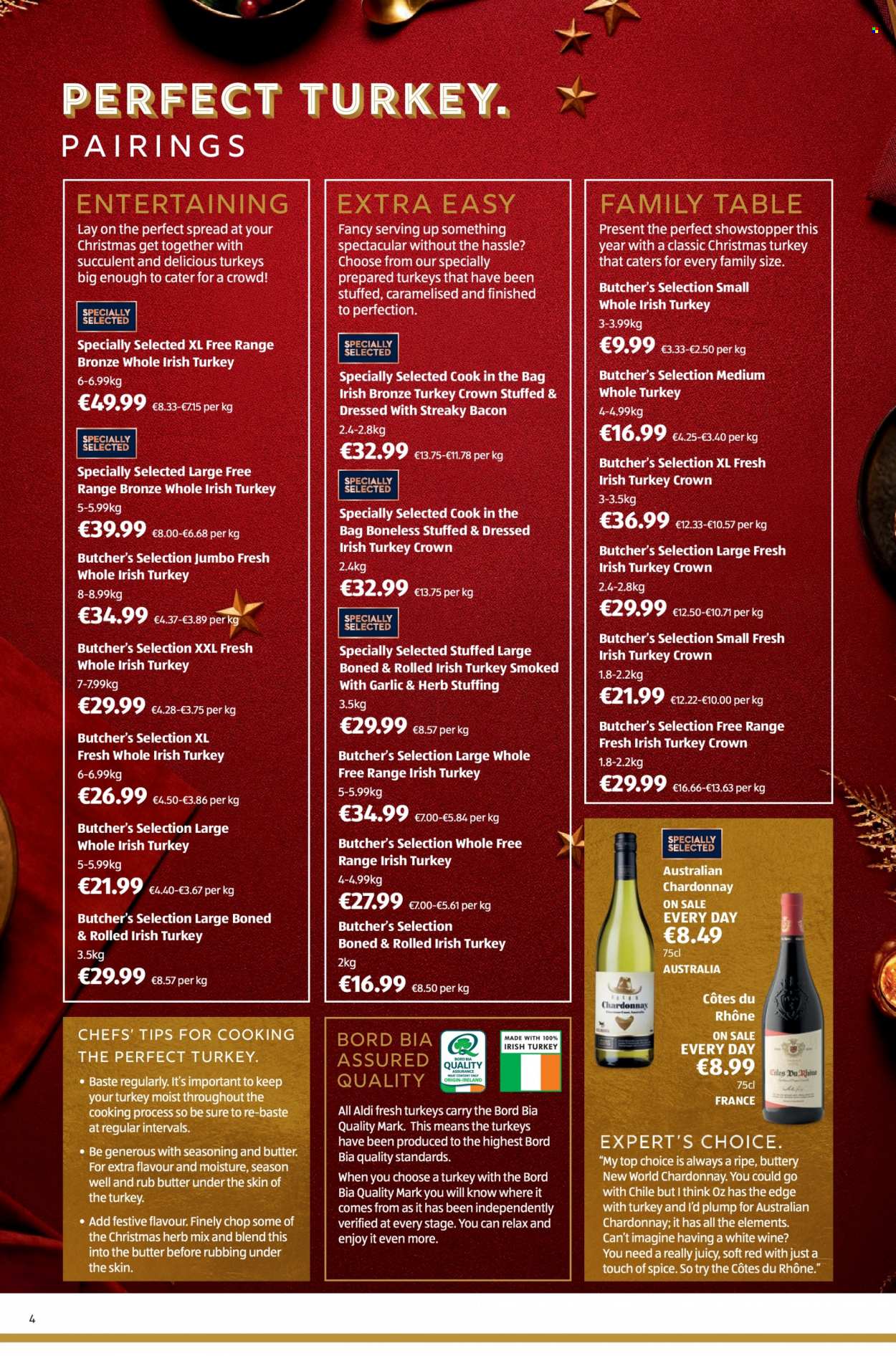 thumbnail - Aldi offer  - 08.12.2022 - 14.12.2022 - Sales products - bacon, streaky bacon, butter, spice, white wine, Chardonnay, wine, whole turkey, turkey crown, Sure, table, succulent. Page 4.