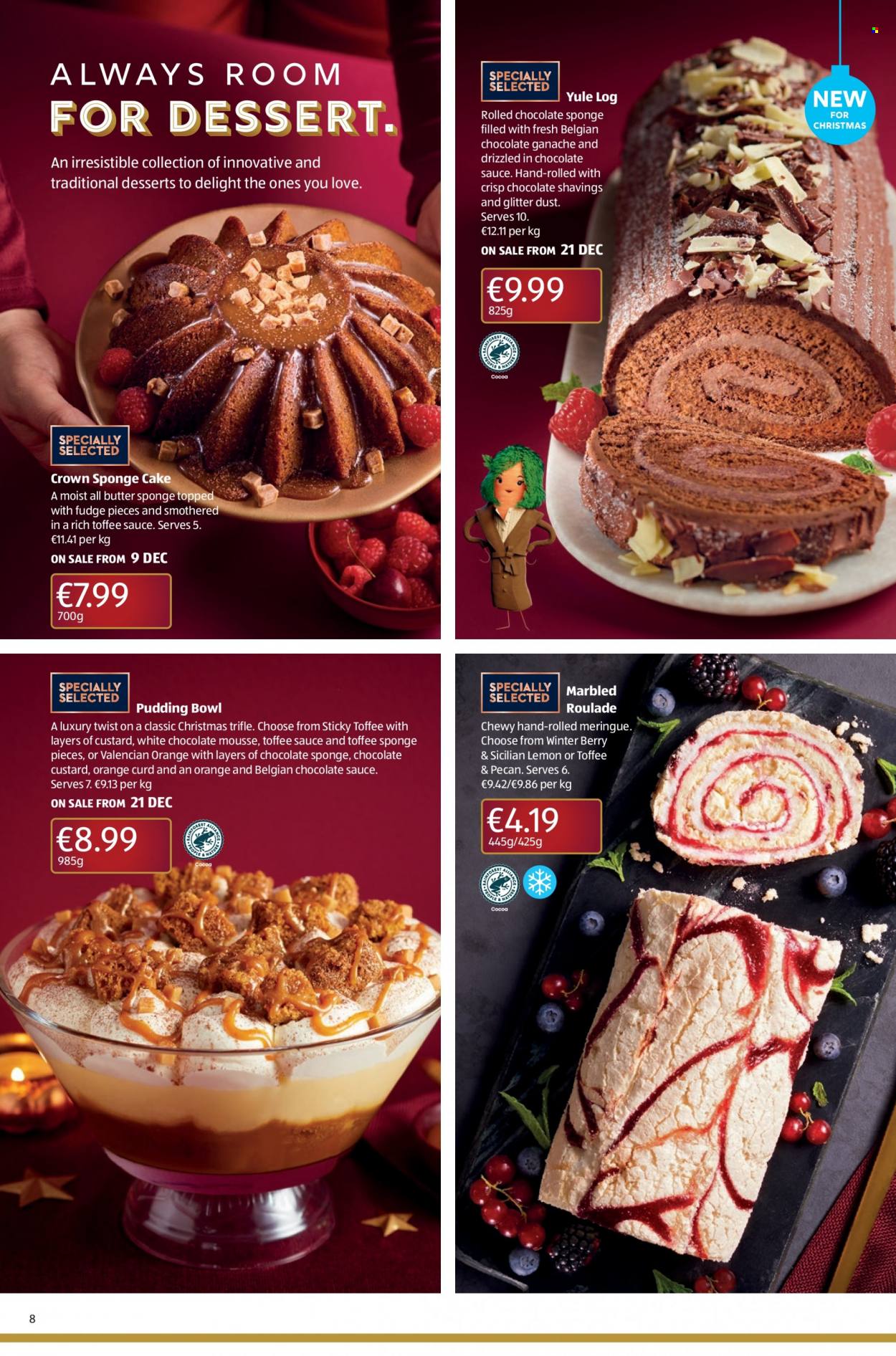 thumbnail - Aldi offer  - 08.12.2022 - 14.12.2022 - Sales products - cake, sponge cake, oranges, curd, pudding, fudge, chocolate, bowl, glitter. Page 8.