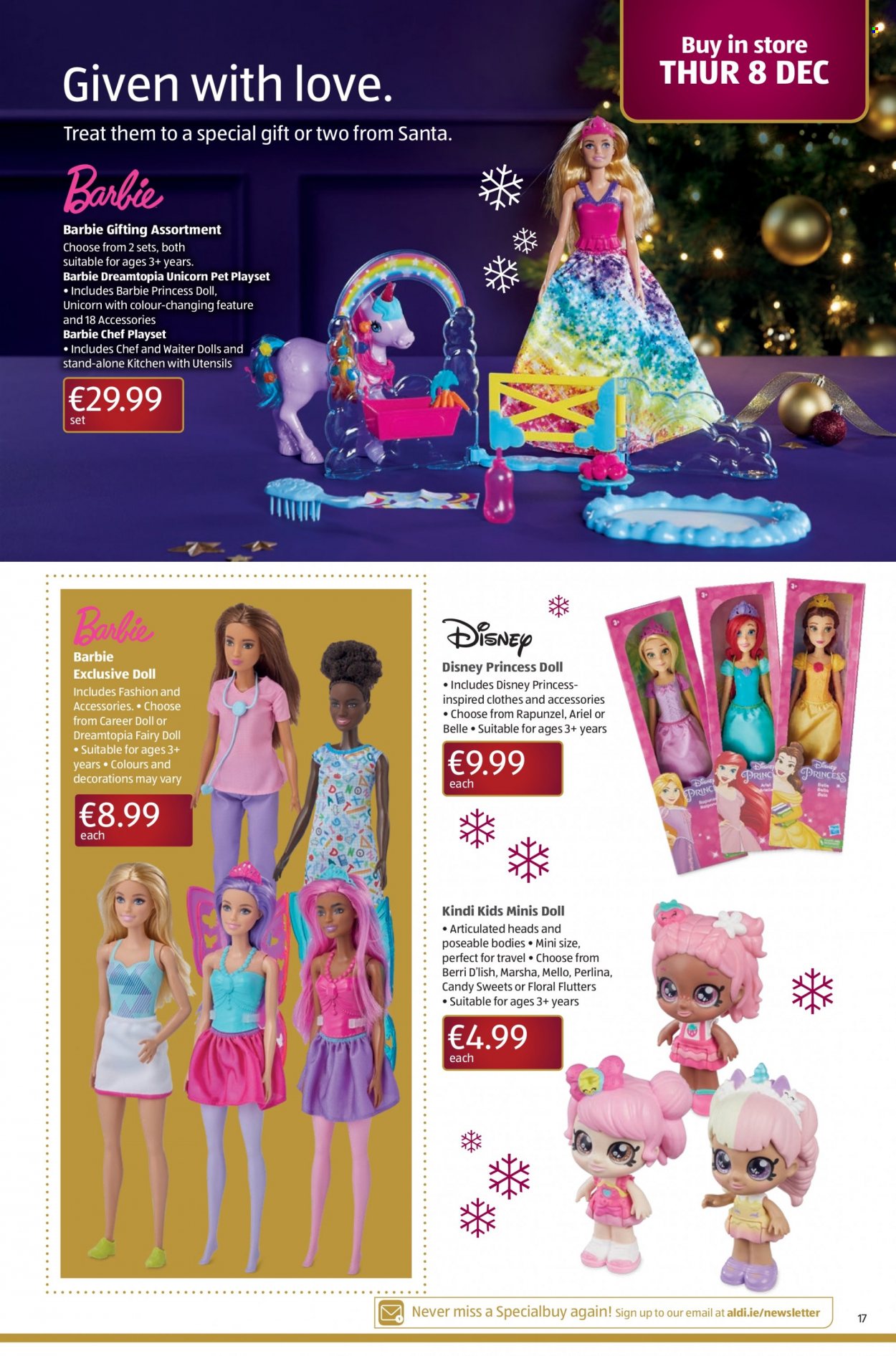 thumbnail - Aldi offer  - 08.12.2022 - 14.12.2022 - Sales products - Disney, Santa, Berri, Ariel, Barbie, utensils, doll, play set, princess, fairy doll. Page 17.