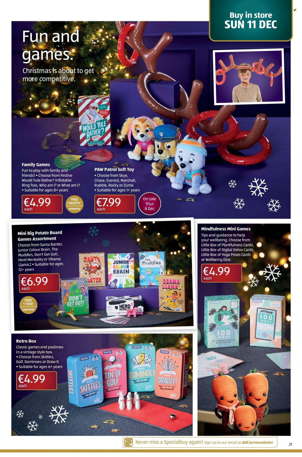thumbnail - Aldi offer  - 08.12.2022 - 14.12.2022 - Sales products - Paw Patrol, Santa, Skittles, toys, board game. Page 21.