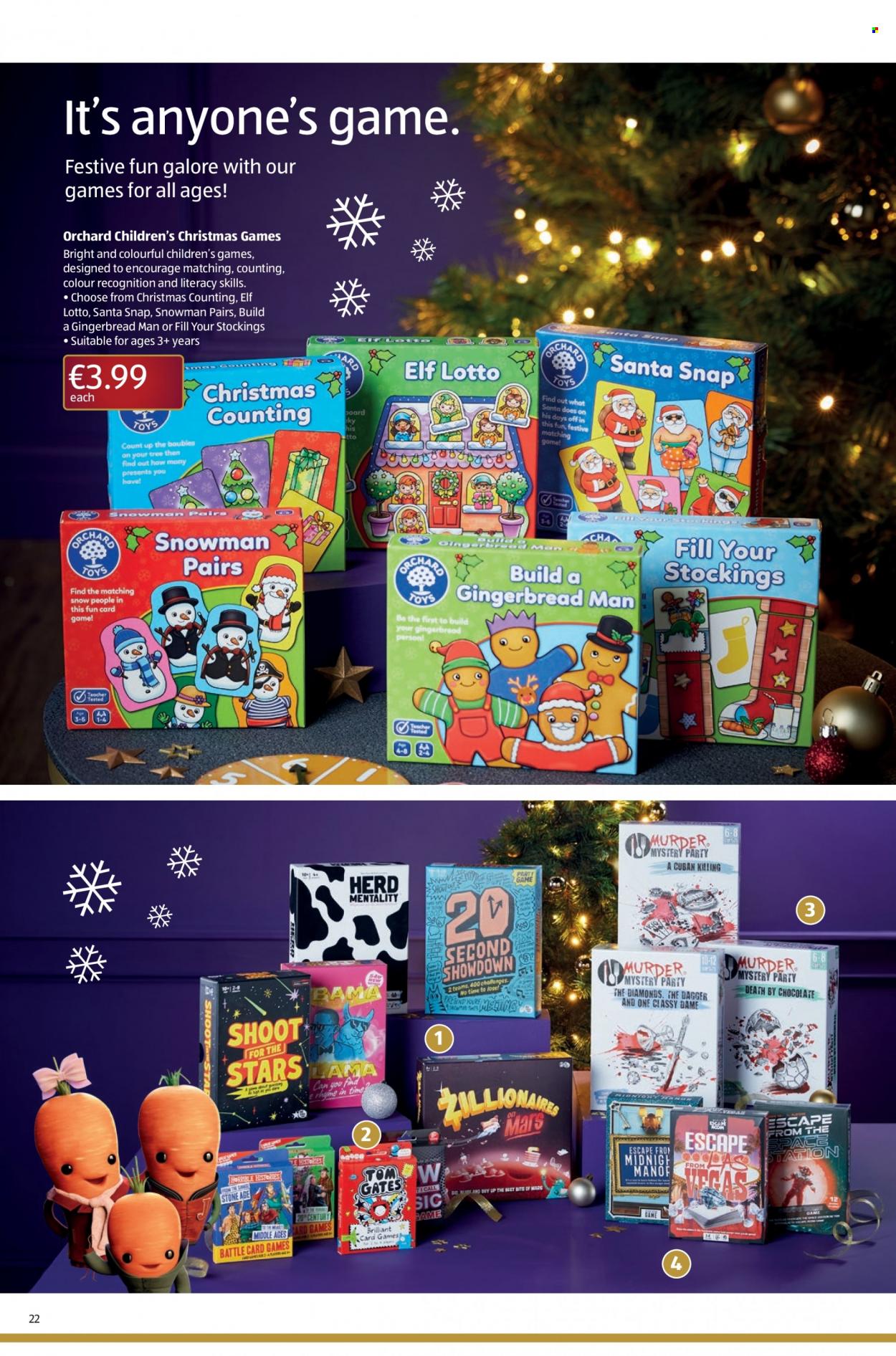thumbnail - Aldi offer  - 08.12.2022 - 14.12.2022 - Sales products - gingerbread, chocolate, Mars, Santa, Lotto, stockings, Elf, toys, savage. Page 22.