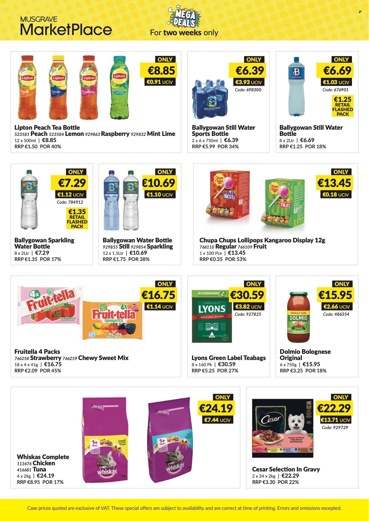 thumbnail - MUSGRAVE Market Place offer  - 04.12.2022 - 17.12.2022 - Sales products - tuna, lollipop, Lipton, Ballygowan, mineral water, sparkling water, bottled water, tea, tea bags, Lyons, drink bottle, travel bottle, Whiskas. Page 2.