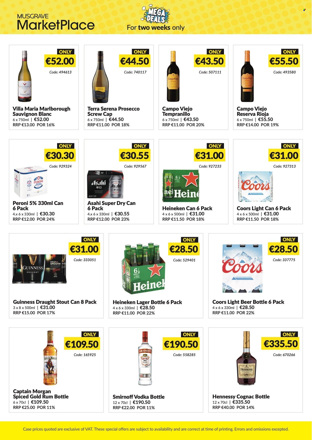 thumbnail - MUSGRAVE Market Place offer  - 04.12.2022 - 17.12.2022 - Sales products - red wine, white wine, prosecco, wine, Campo Viejo, Tempranillo, Sauvignon Blanc, Captain Morgan, cognac, rum, Smirnoff, vodka, Hennessy, beer, Heineken, Guinness, Peroni, Lager, Coors. Page 3.