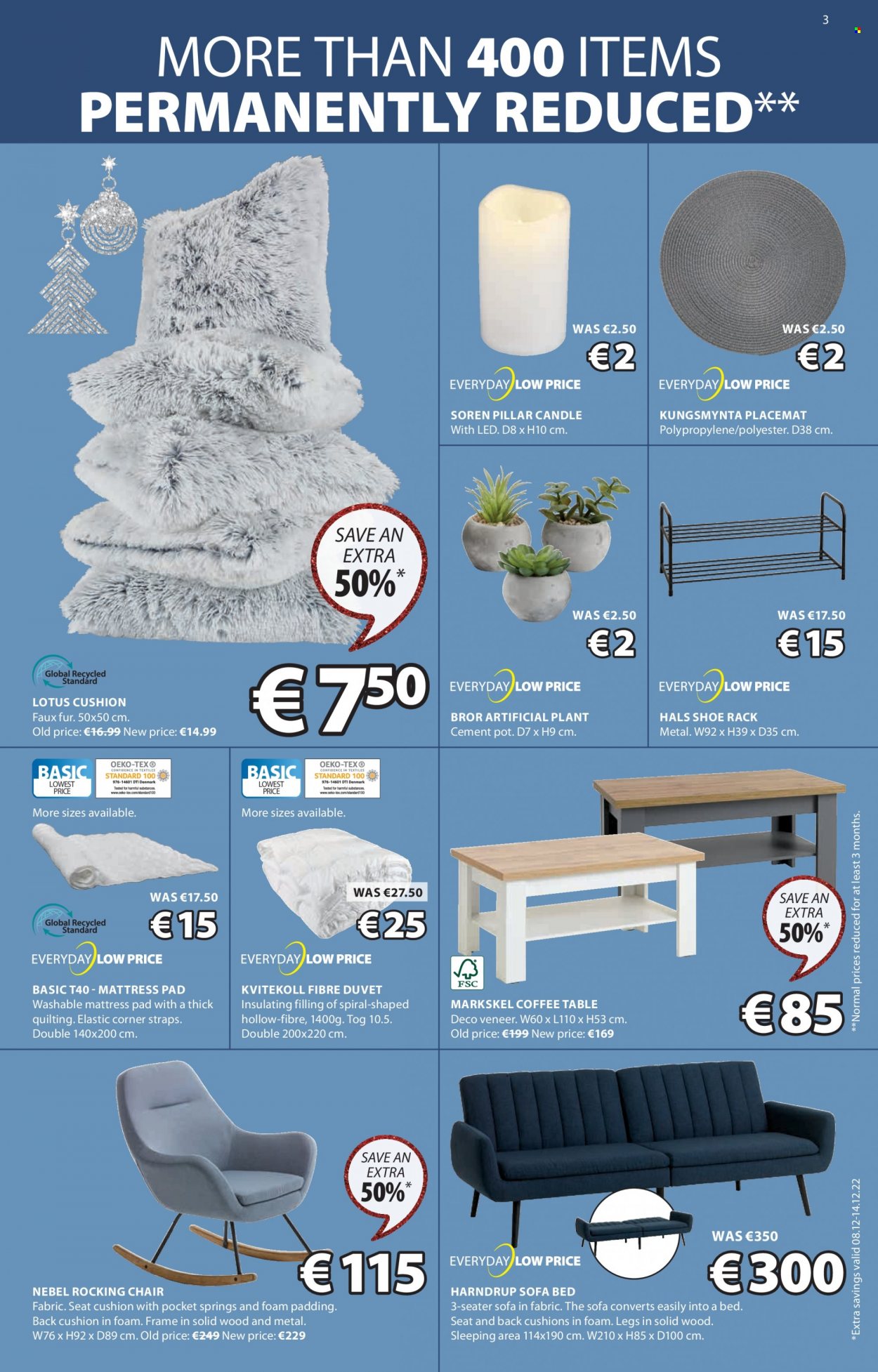 thumbnail - JYSK offer  - 08.12.2022 - 23.12.2022 - Sales products - table, chair, rocking chair, sofa, sofa bed, coffee table, bed, mattress, mattress protector, shoe rack, Lotus, cushion, placemat, artificial plant, pot, candle, duvet. Page 3.