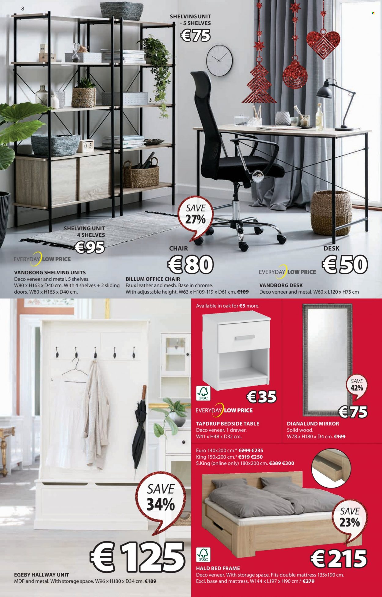 thumbnail - JYSK offer  - 08.12.2022 - 23.12.2022 - Sales products - table, chair, shelves, shelf unit, bed, bed frame, mattress, bedside table, desk, office chair, mirror. Page 8.