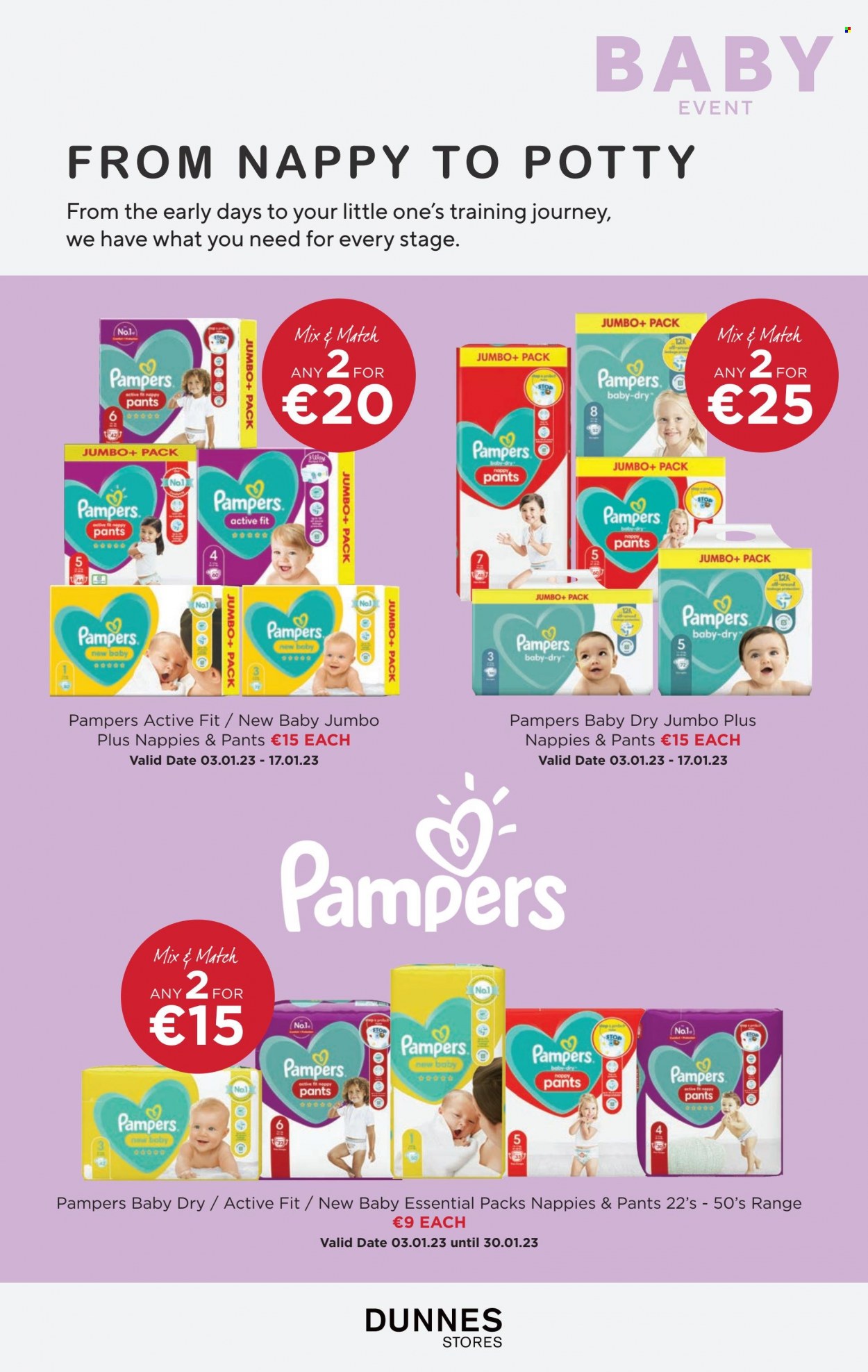 Dunnes Stores offer  - 03.01.2023 - 30.01.2023 - Sales products - Pampers, pants, nappies. Page 15.