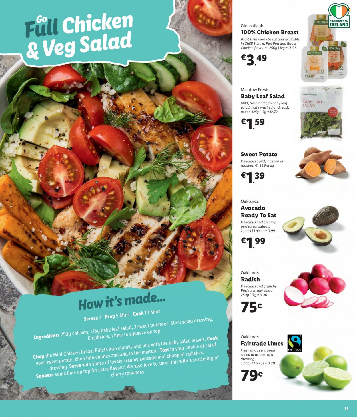 thumbnail - Lidl offer  - Sales products - sweet potato, tomatoes, avocado, limes, cherries, chicken roast, salad dressing, dressing, chicken breasts. Page 15.