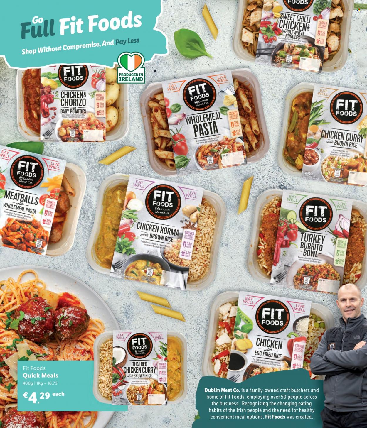 thumbnail - Lidl offer  - Sales products - ginger, potatoes, peas, peppers, meatballs, pasta, burrito, noodles, chorizo, tomato sauce, brown rice, penne, spice, Fajita seasoning, curry sauce, chicken breasts, bowl. Page 18.