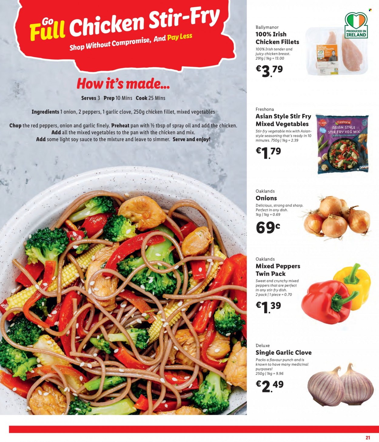 thumbnail - Lidl offer  - Sales products - garlic, onion, red peppers, mixed vegetables, cloves, spice, soy sauce, punch, chicken breasts, Sharp. Page 21.