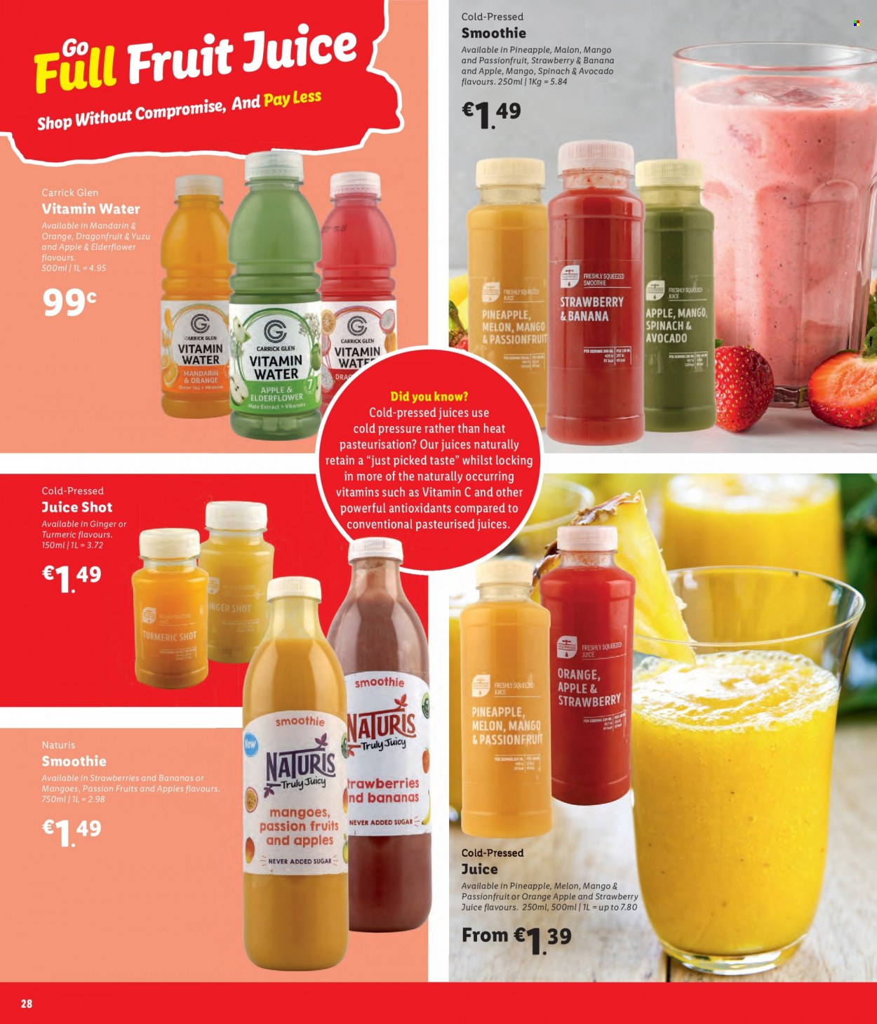 thumbnail - Lidl offer  - Sales products - bananas, mandarines, pineapple, melons, turmeric, juice, smoothie, vitamin water, vitamin c. Page 28.