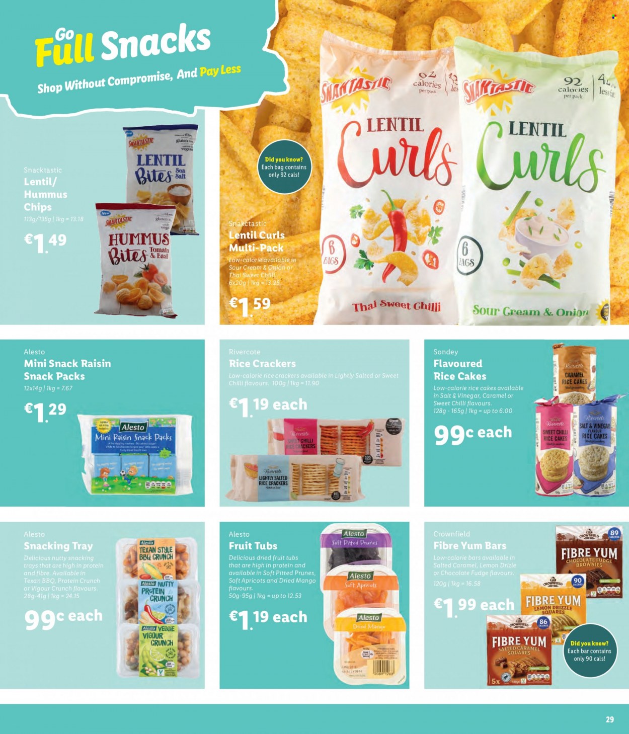 thumbnail - Lidl offer  - Sales products - mango, apricots, hummus, fudge, chocolate, snack, crackers, chips, rice crackers, prunes, dried fruit, tray. Page 29.
