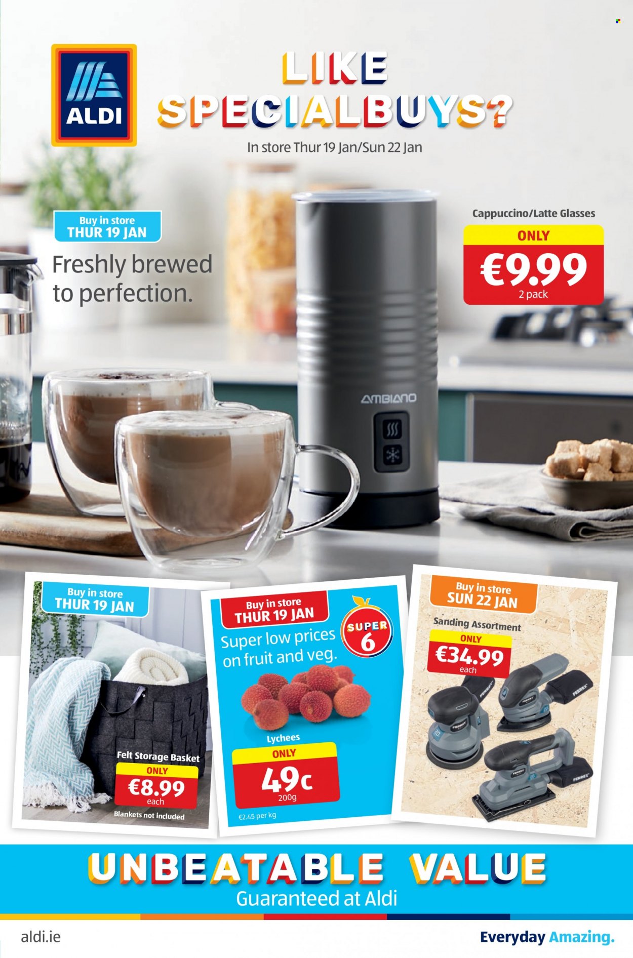 Aldi offer  - 19.01.2023 - 25.01.2023 - Sales products - cappuccino, basket, storage basket, blanket. Page 3.