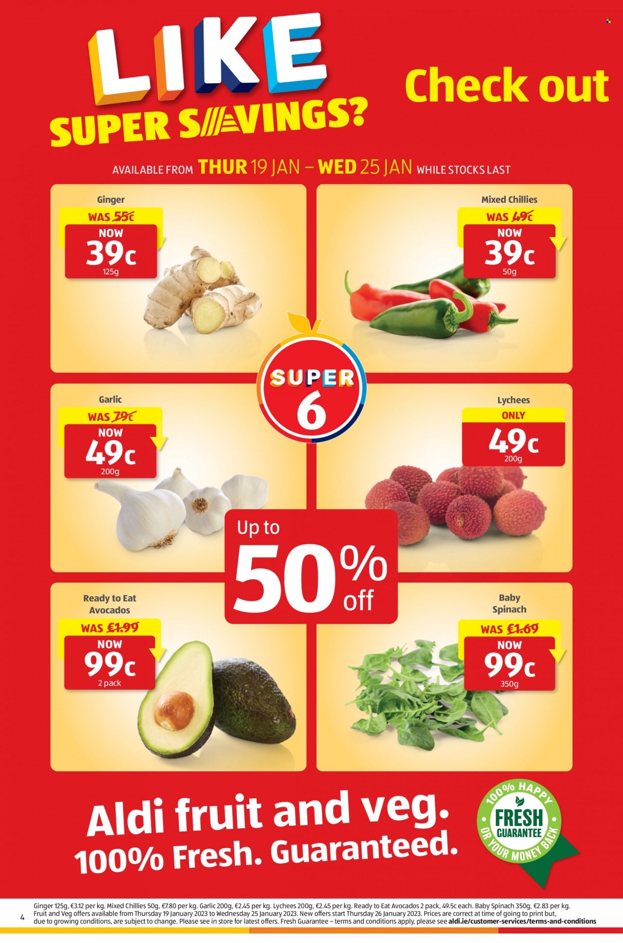 Aldi offer  - 19.01.2023 - 25.01.2023 - Sales products - garlic, ginger, spinach, avocado. Page 4.