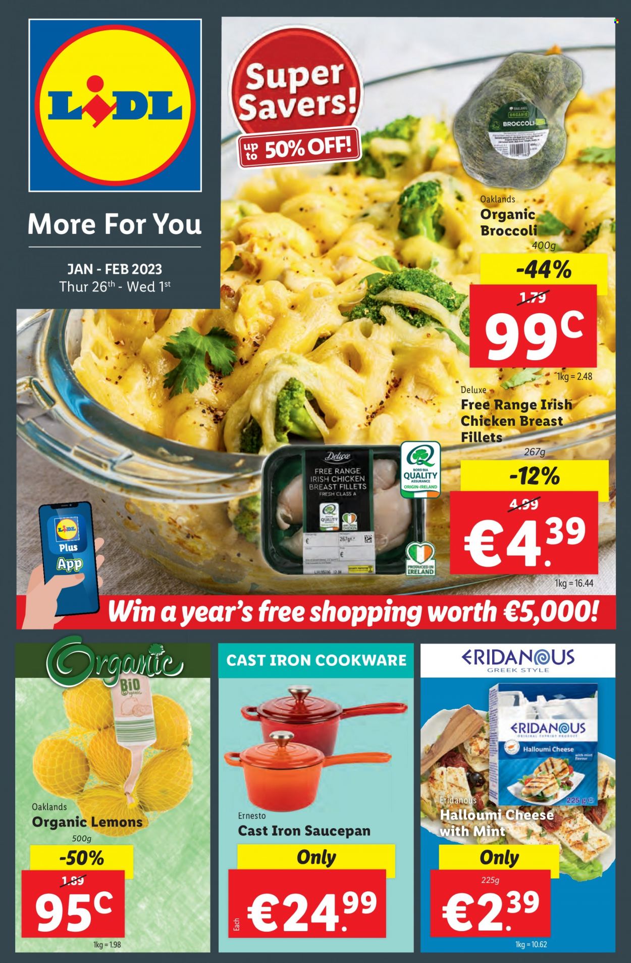 thumbnail - Lidl offer  - 26.01.2023 - 01.02.2023 - Sales products - ESPRIT, Hewlett Packard, broccoli, lemons, halloumi, cheese, chicken breasts, Ernesto, cookware set, saucepan. Page 1.