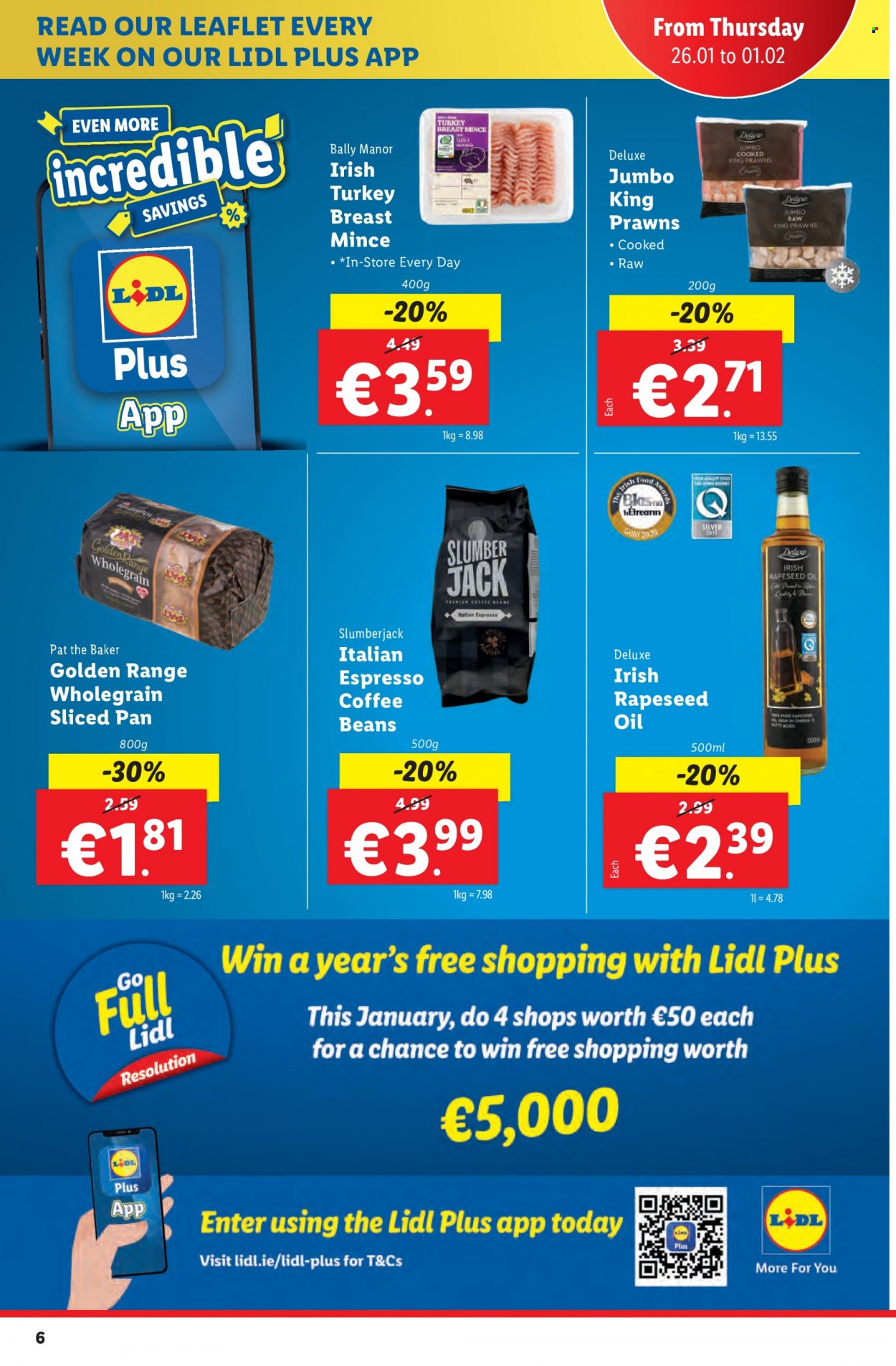 thumbnail - Lidl offer  - 26.01.2023 - 01.02.2023 - Sales products - prawns, oil, coffee, coffee beans, turkey breast, pan. Page 6.