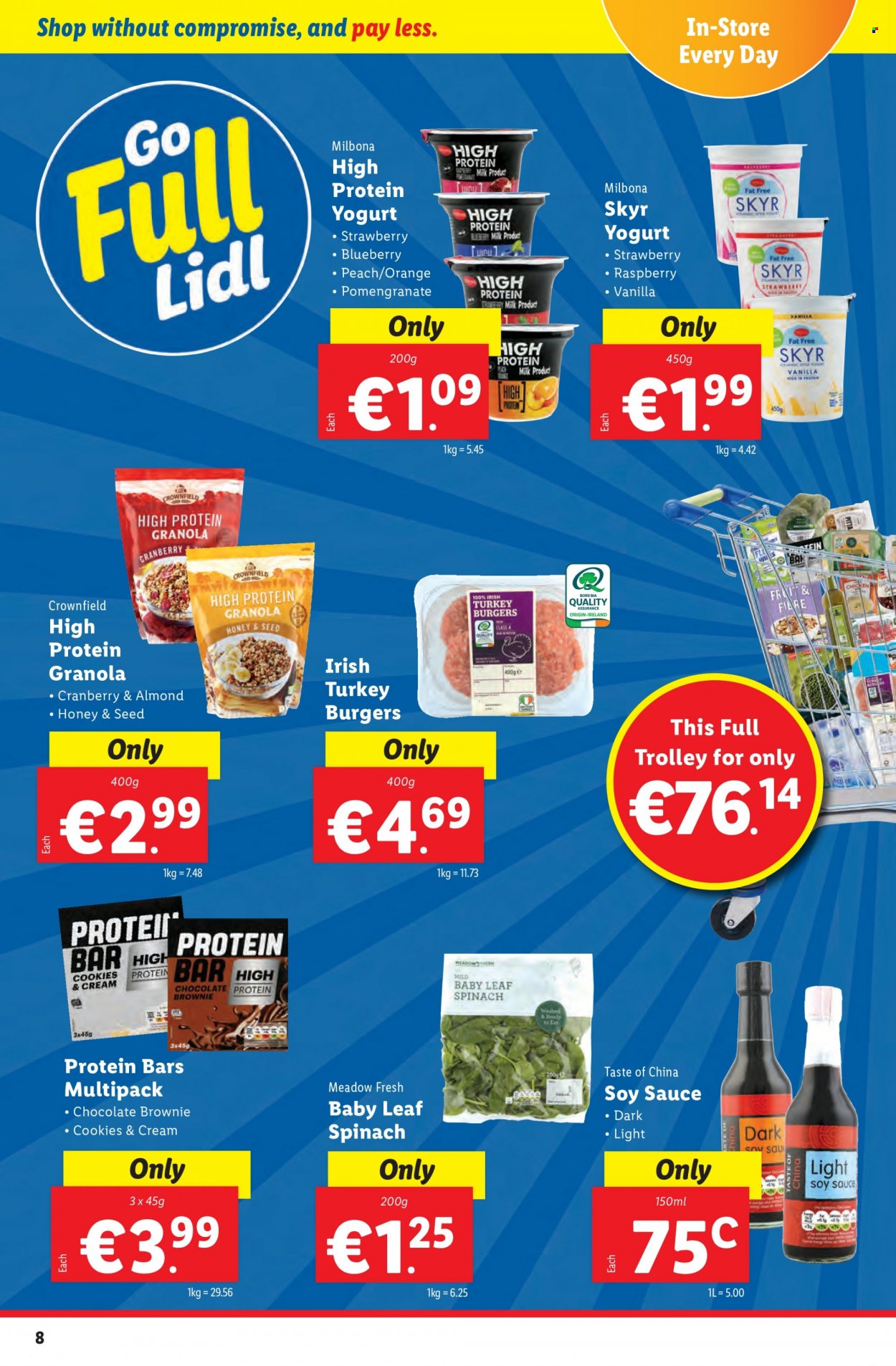 thumbnail - Lidl offer  - 26.01.2023 - 01.02.2023 - Sales products - trolley, brownies, spinach, oranges, hamburger, sauce, yoghurt, milk, cookies, chocolate, granola, protein bar, soy sauce, honey, turkey burger, plant seeds. Page 8.