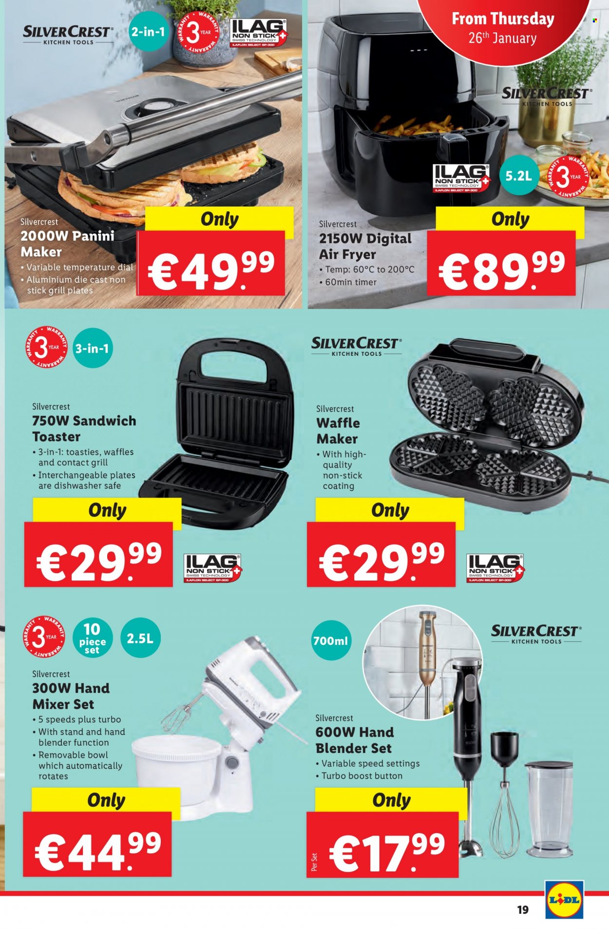 thumbnail - Lidl offer  - 26.01.2023 - 01.02.2023 - Sales products - SilverCrest, panini, sandwich, Boost, Dial, plate, mixer, hand mixer, air fryer, hand blender, toaster, waffle maker, grill. Page 19.