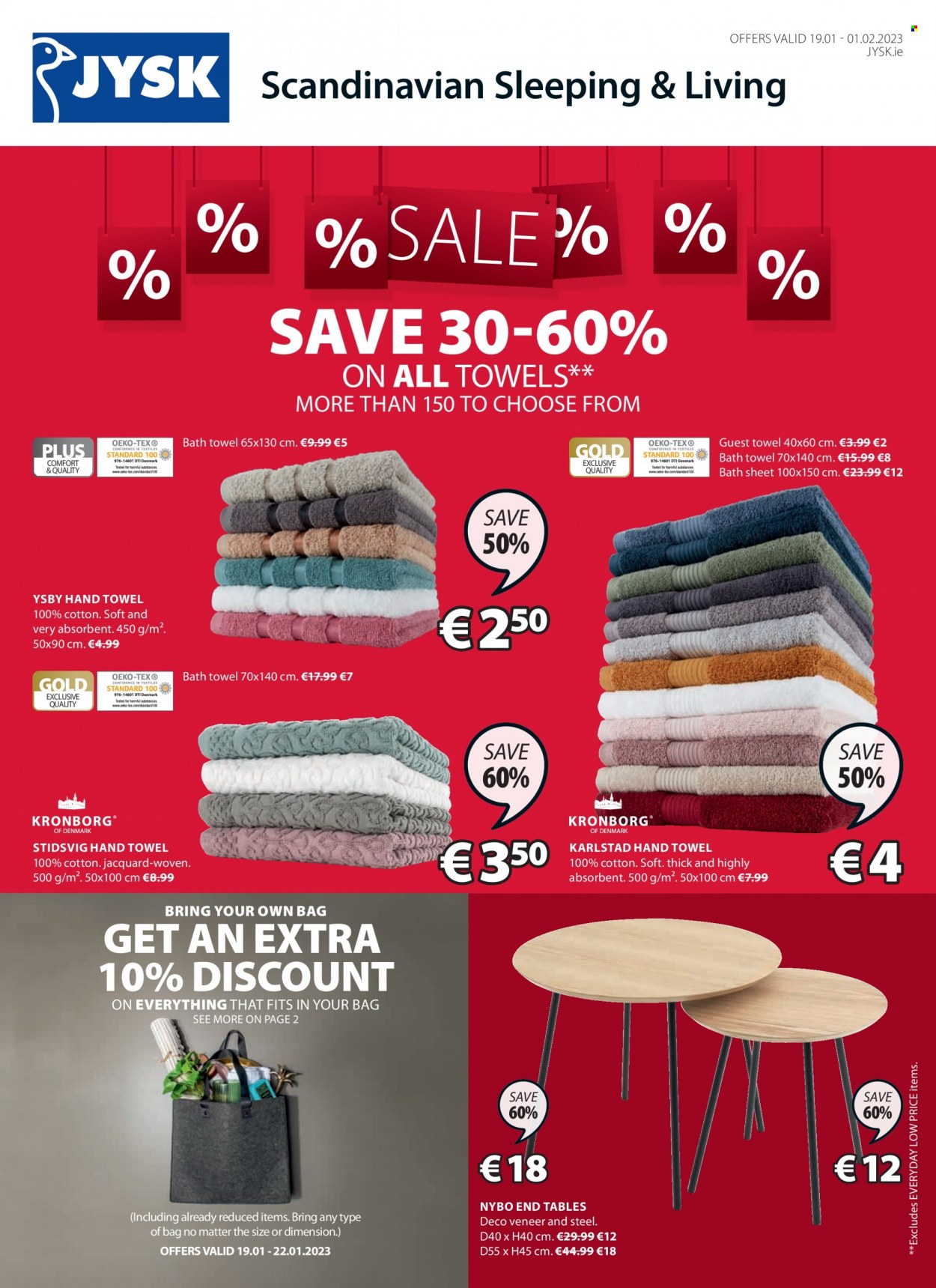 thumbnail - JYSK offer  - 19.01.2023 - 01.02.2023 - Sales products - table, end table, bath towel, towel, hand towel. Page 1.