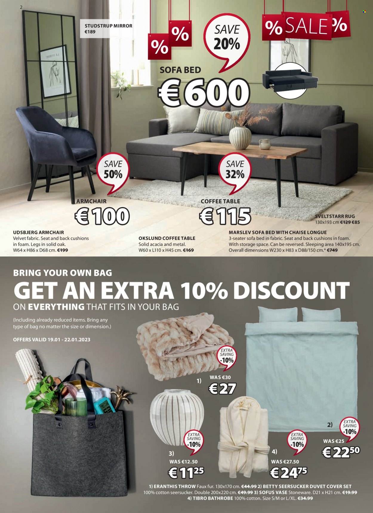 thumbnail - JYSK offer  - 19.01.2023 - 01.02.2023 - Sales products - table, arm chair, sofa, sofa bed, chaise longue, coffee table, bed, cushion, mirror, vase, stoneware, duvet, quilt cover set, rug. Page 2.