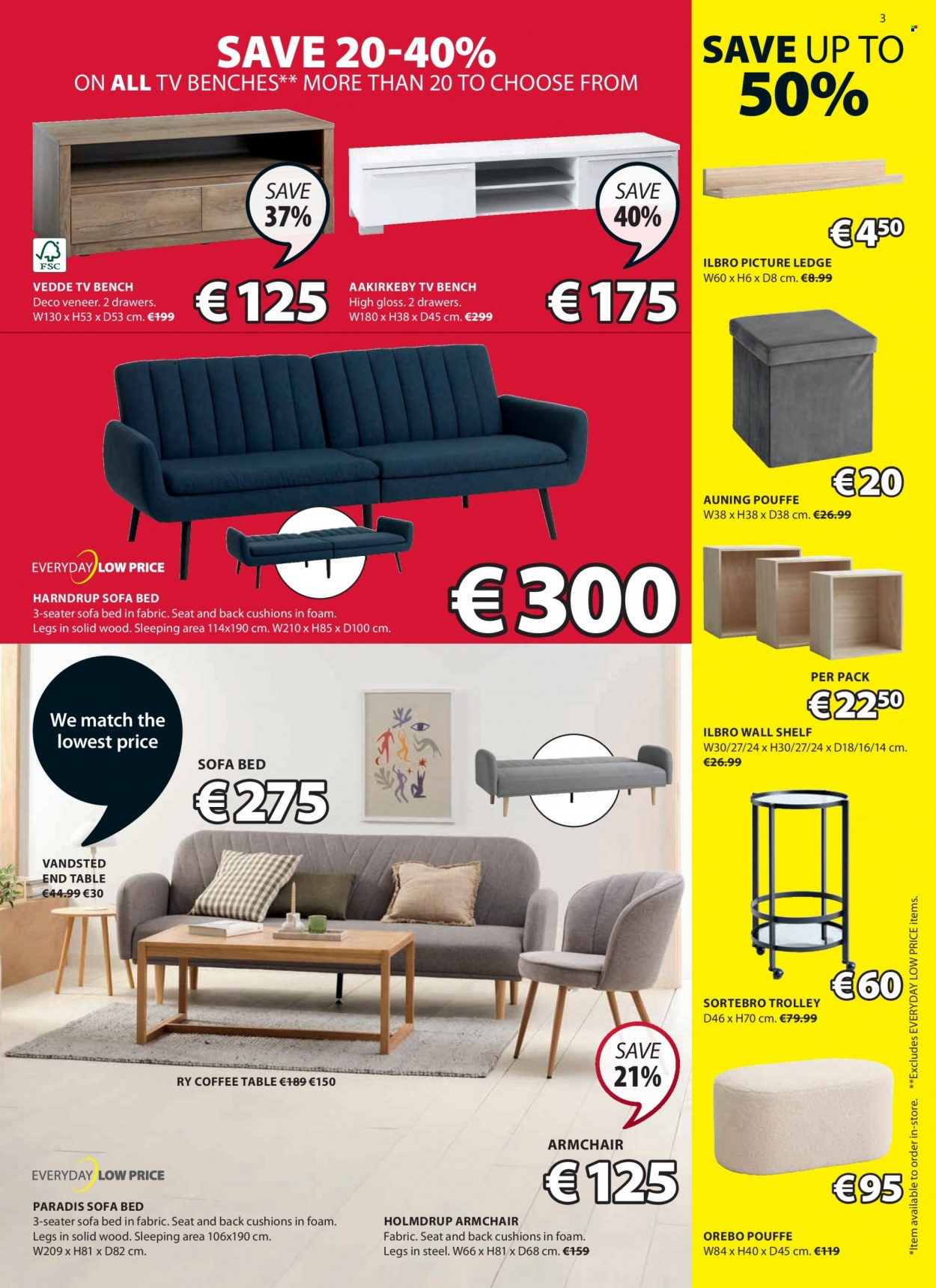 thumbnail - JYSK offer  - 19.01.2023 - 01.02.2023 - Sales products - trolley, bench, arm chair, sofa, pouffe, sofa bed, coffee table, end table, tv bench, wall shelf, bed, cushion. Page 3.