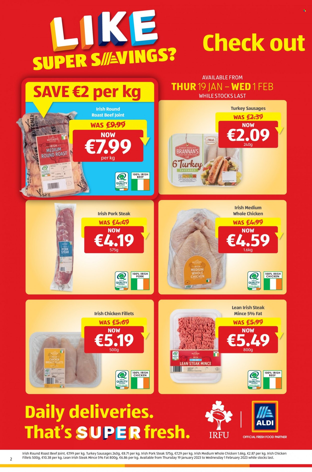 thumbnail - Aldi offer  - 26.01.2023 - 01.02.2023 - Sales products - sausage, whole chicken, chicken breasts, beef meat, steak, round roast, roast beef, pork chops, pork meat. Page 2.
