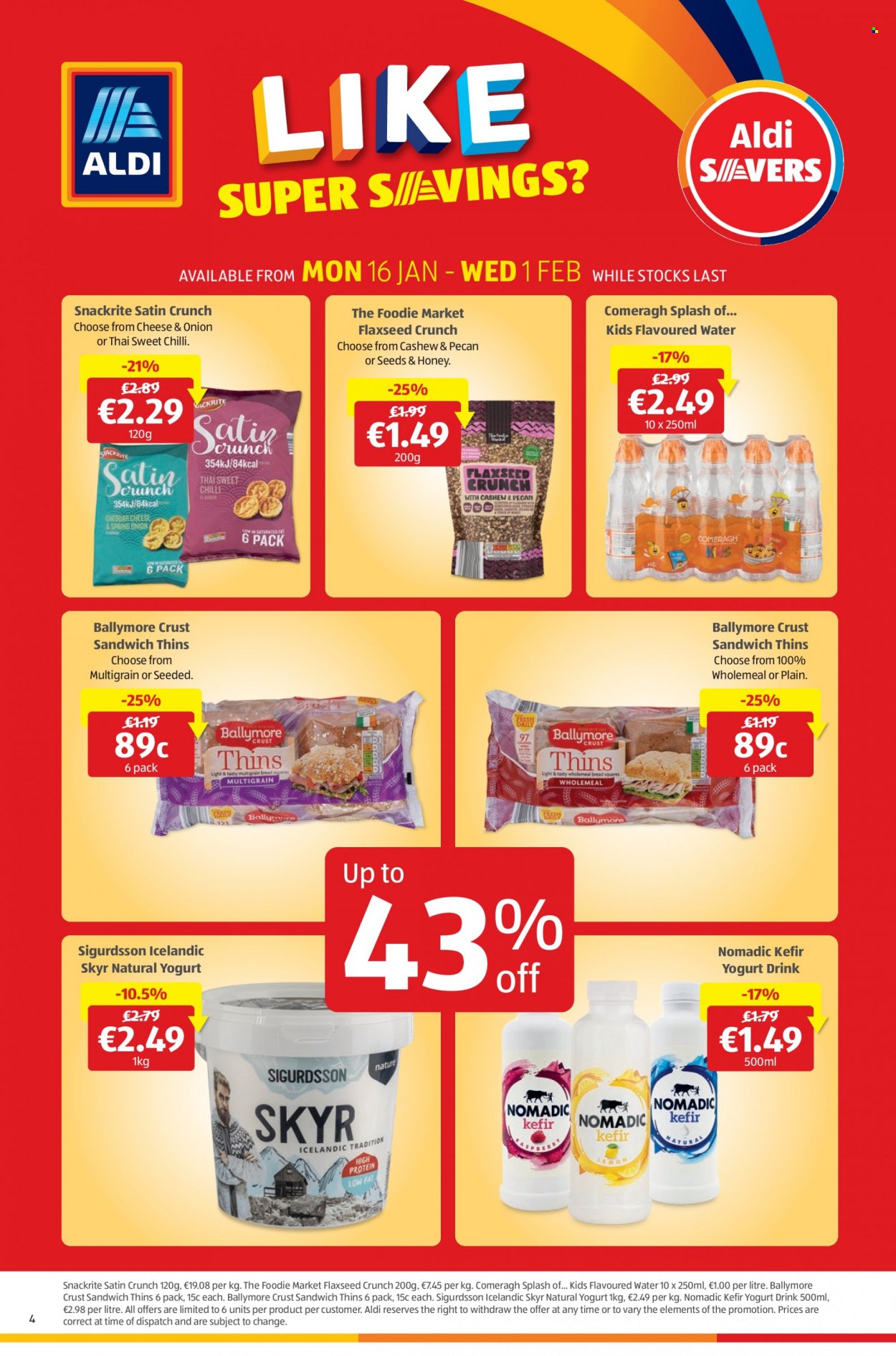 Aldi offer  - 26.01.2023 - 01.02.2023 - Sales products - sandwich, yoghurt, yoghurt drink, kefir, Thins, honey. Page 4.