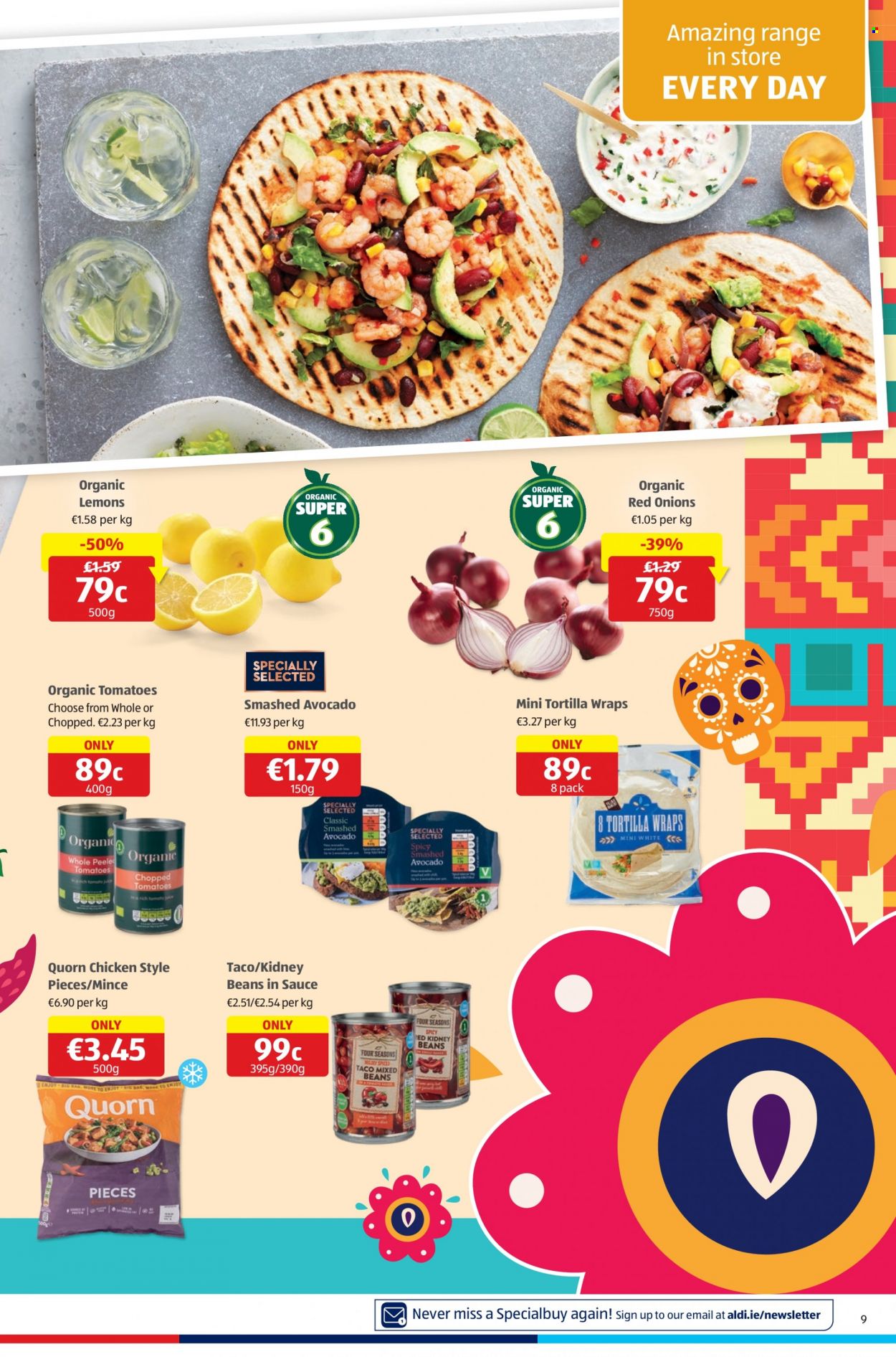 thumbnail - Aldi offer  - 26.01.2023 - 01.02.2023 - Sales products - tortillas, wraps, beans, red onions, onion, avocado, lemons, kidney beans, chopped tomatoes. Page 9.