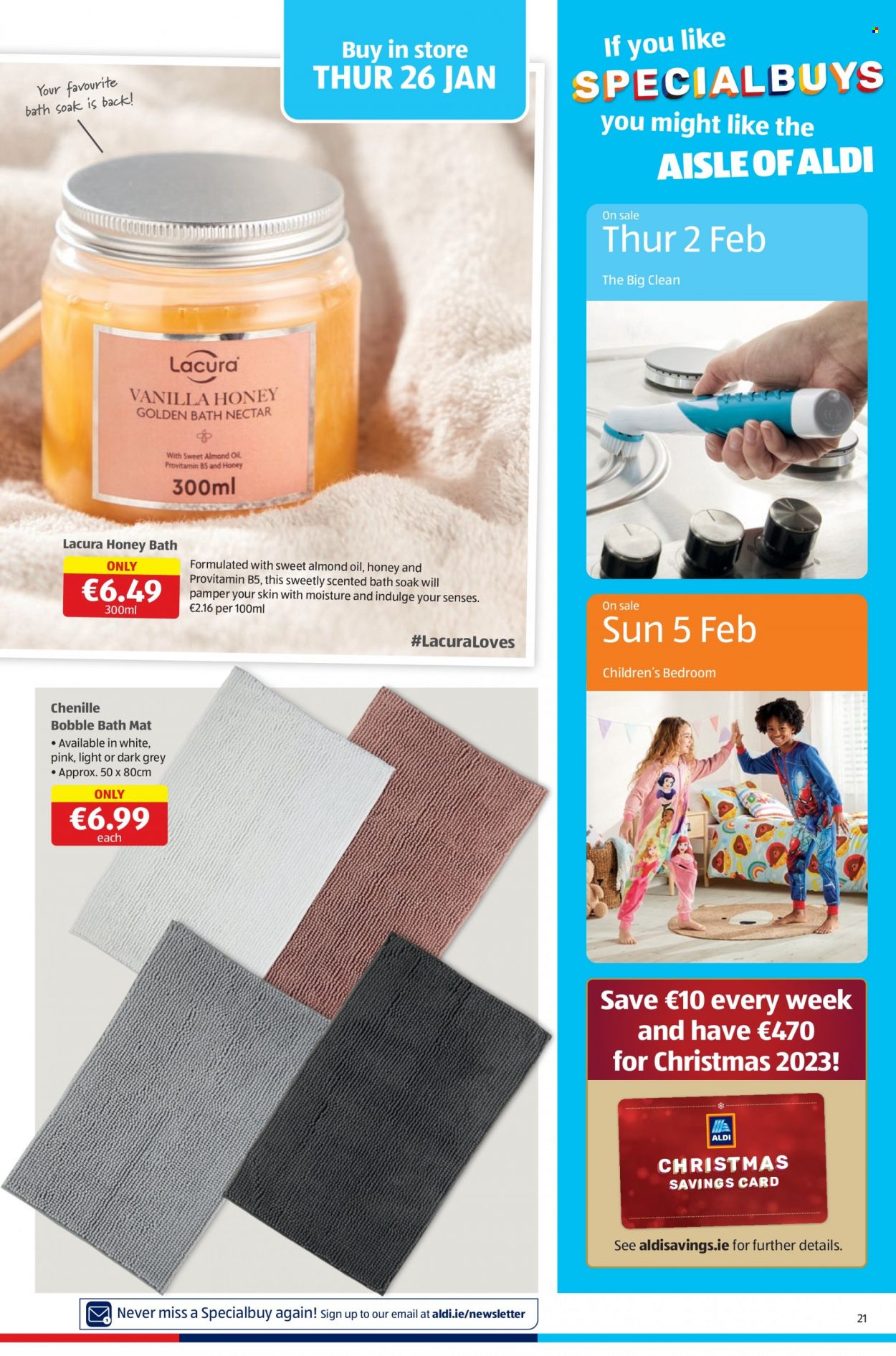 thumbnail - Aldi offer  - 26.01.2023 - 01.02.2023 - Sales products - almond oil, oil, honey, bath salt, bath mat. Page 21.