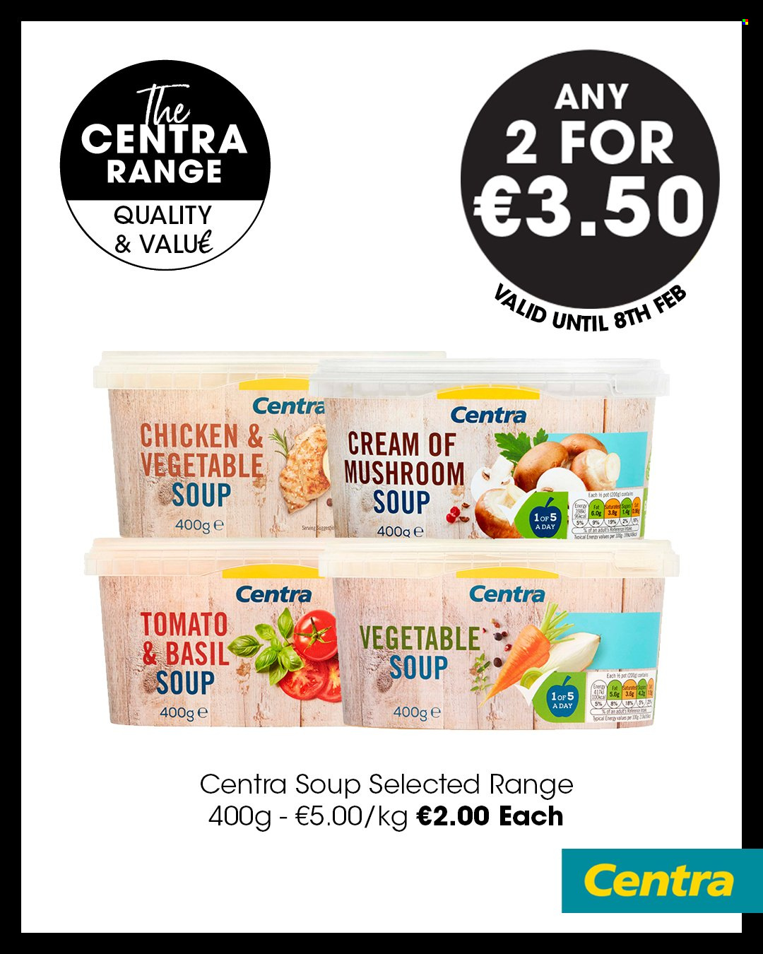 thumbnail - Centra offer  - 19.01.2023 - 08.02.2023 - Sales products - mushroom soup, vegetable soup, soup, pot. Page 1.