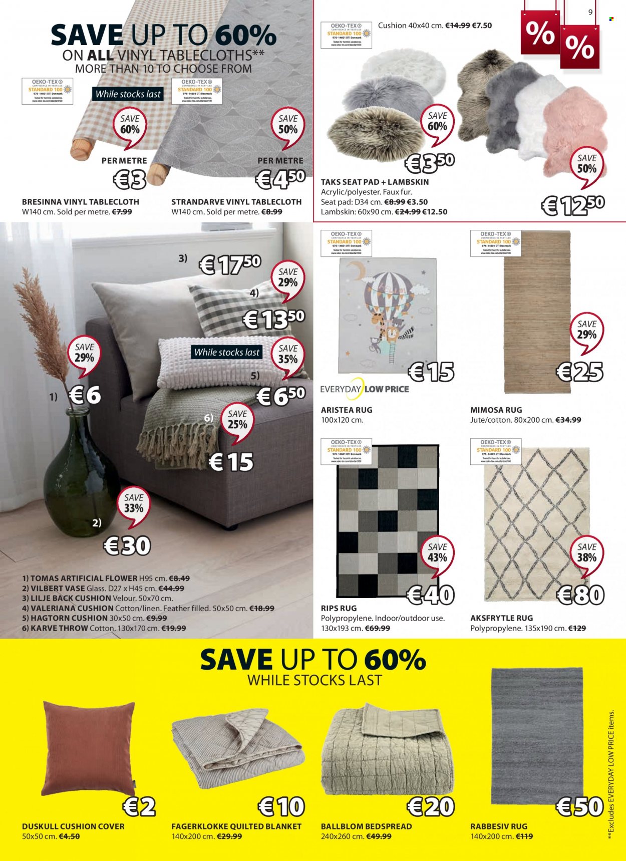 JYSK offer  - 19.01.2023 - 01.02.2023 - Sales products - cushion, artificial flowers, vase, tablecloth, bedspread, blanket, linens, rug. Page 9.