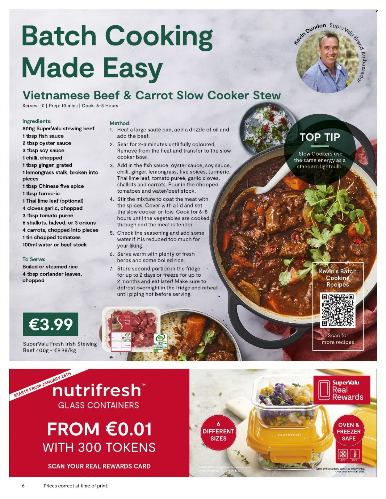 thumbnail - SuperValu offer  - Sales products - garlic, ginger, shallots, onion, oysters, fish, tomato sauce, tomato puree, chopped tomatoes, rice, turmeric, cloves, spice, coriander, fish sauce, soy sauce, oyster sauce, beef meat, stewing beef, Plenty, bowl. Page 6.